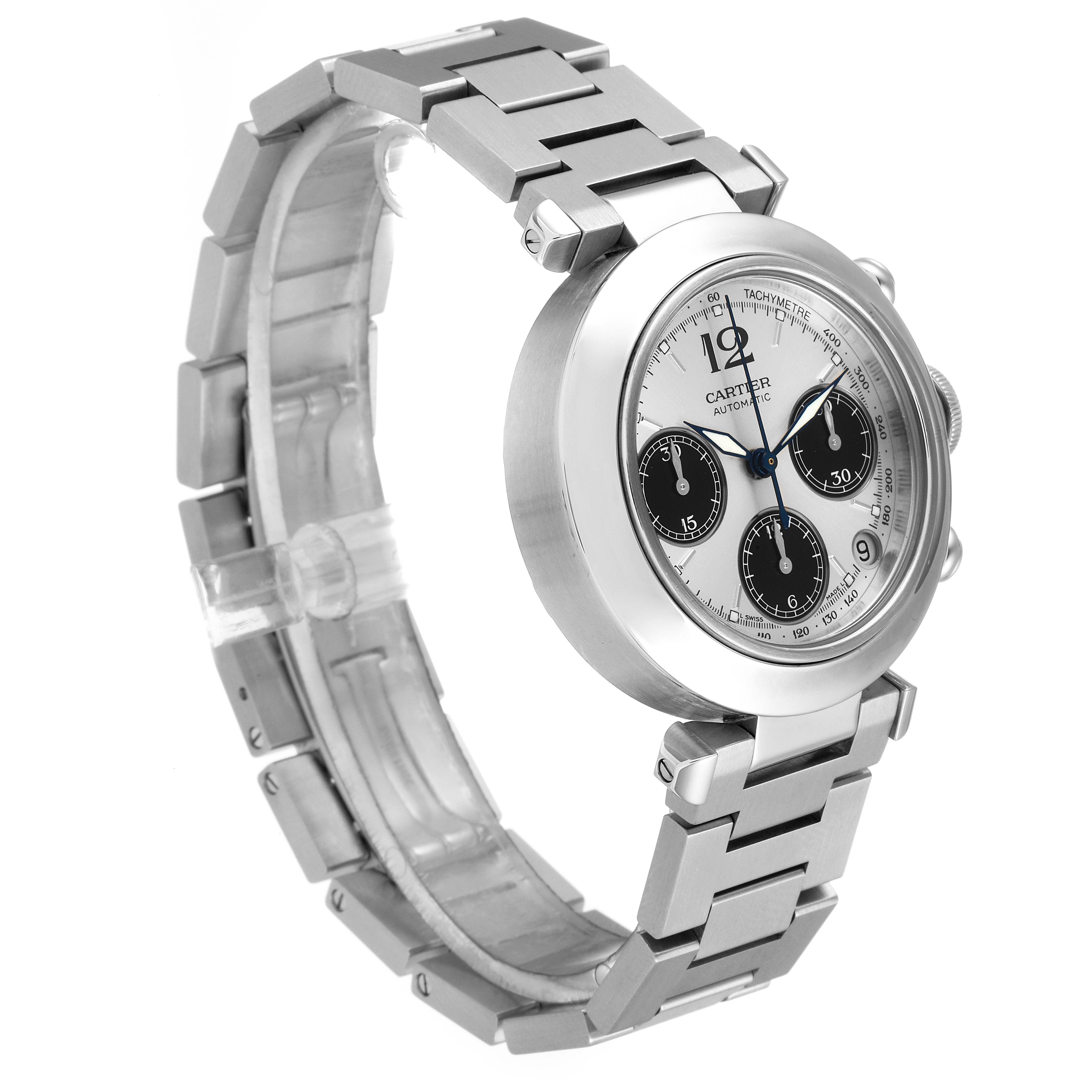 This Cartier Pasha W31048M7 Women's Stainless Steel Silver Dial W31048M7 Women's Stainless Steel Silver Dial model watch is shown at an angled side view, displaying its face, case, and metal bracelet.
