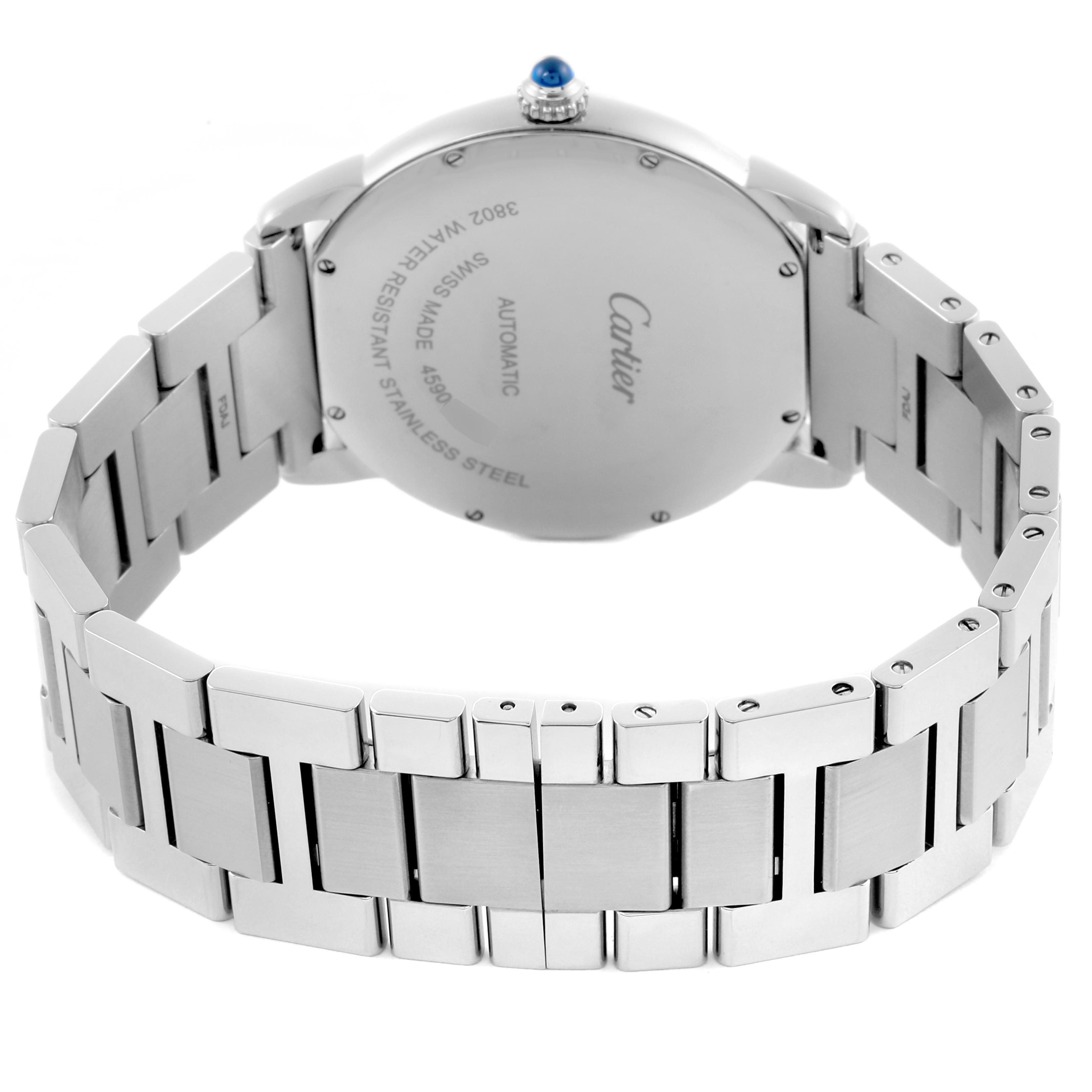 The Cartier Ronde W6701011 Men
s Stainless Steel Silver Dial W6701011 Men
s Stainless Steel Silver Dial watch is shown from the back, displaying the case back and stainless steel bracelet.