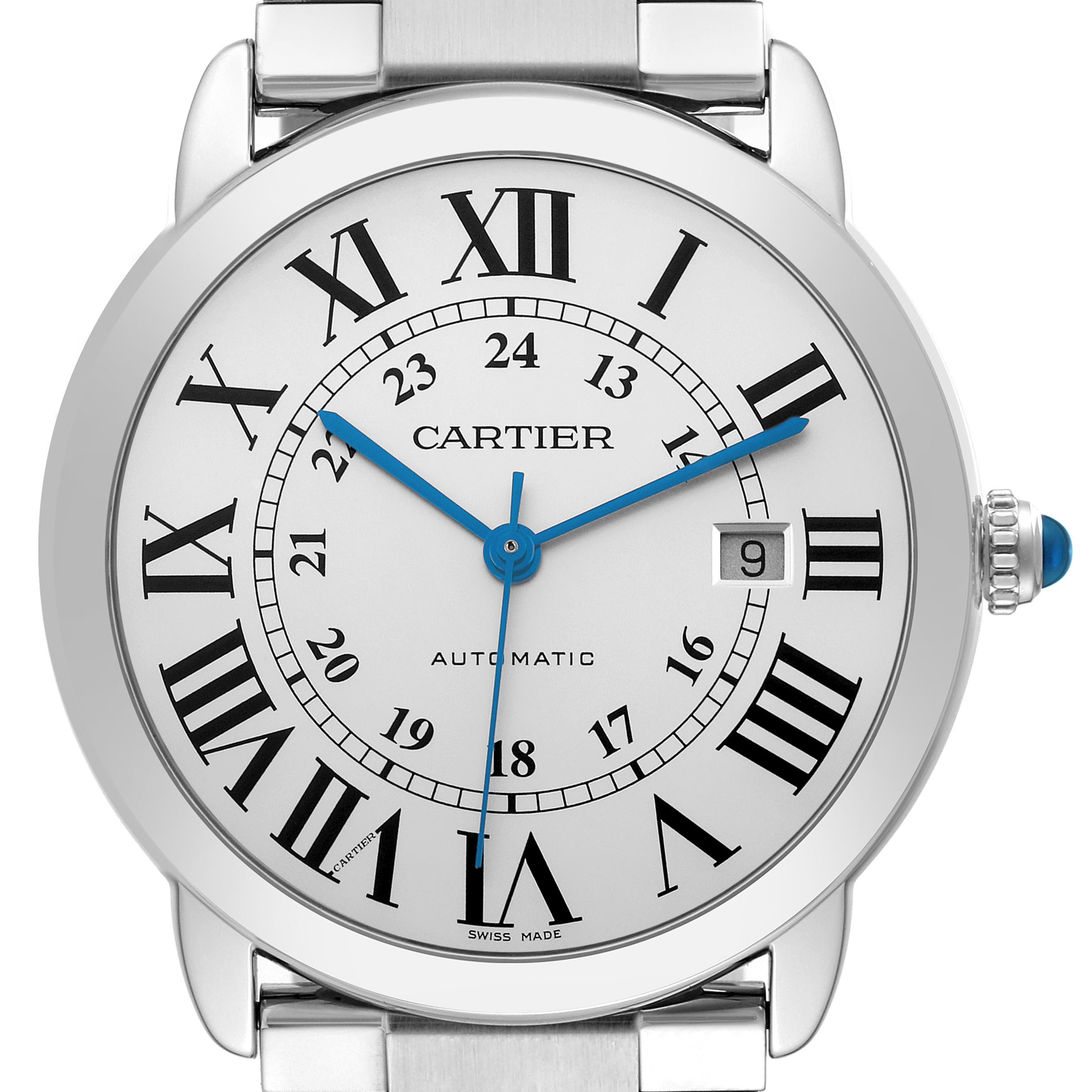 The Cartier Ronde W6701011 Men
s Stainless Steel Silver Dial W6701011 Men
s Stainless Steel Silver Dial watch is shown from the front, displaying its dial, hands, and bezel with Roman numerals.