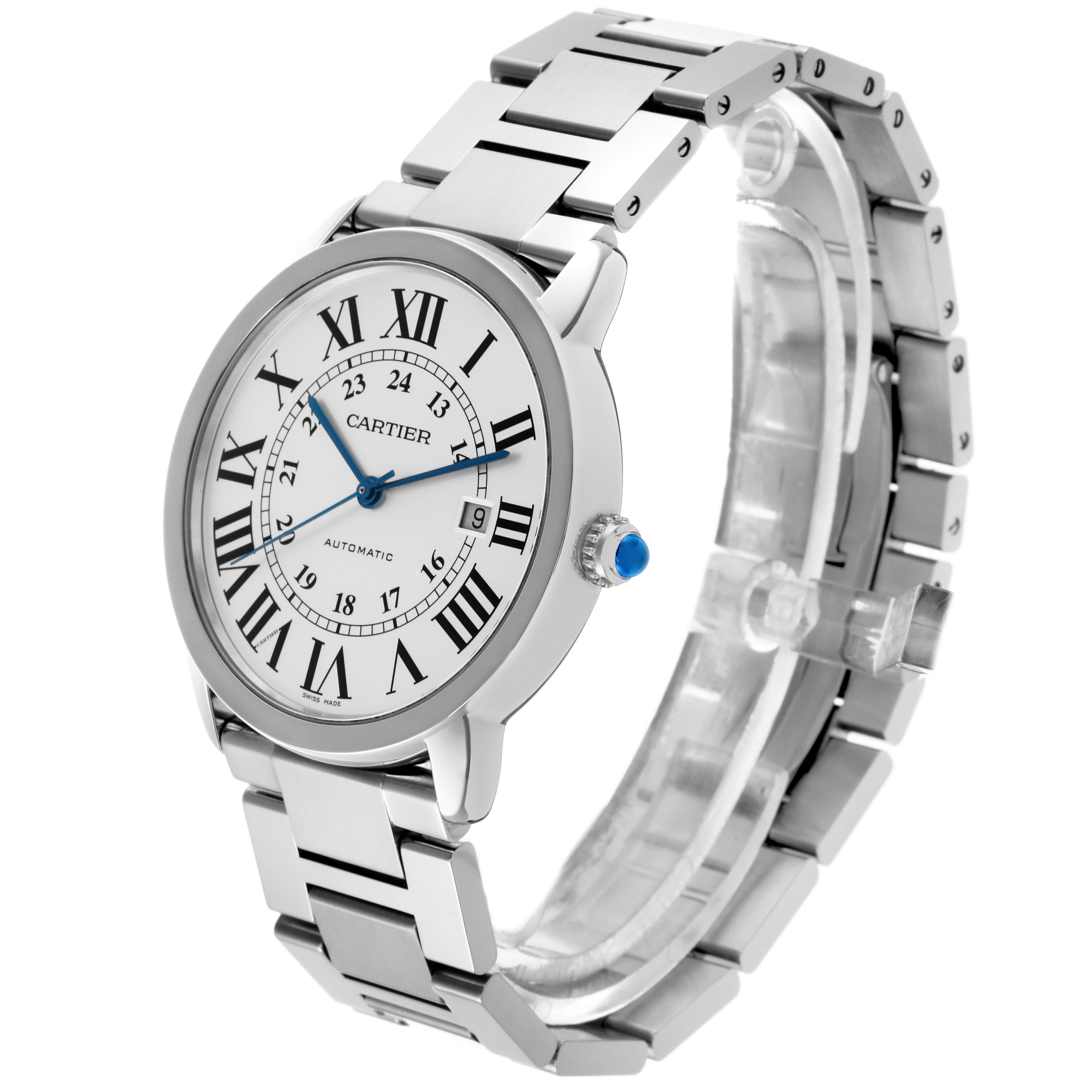 The Cartier Ronde W6701011 Men
s Stainless Steel Silver Dial W6701011 Men
s Stainless Steel Silver Dial watch is shown at a front angle highlighting the face, bezel, crown, and polished bracelet.