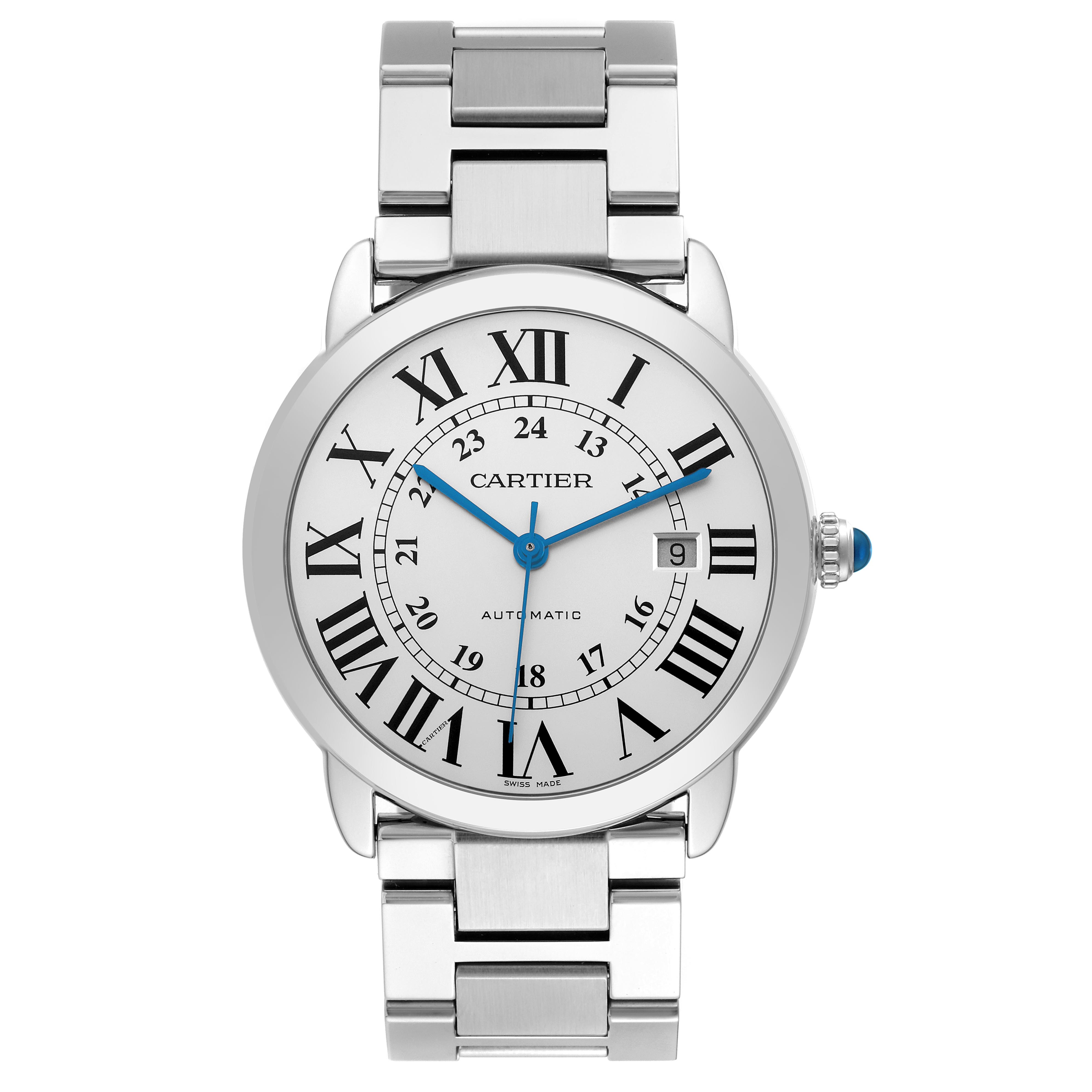 The Cartier Ronde W6701011 Men
s Stainless Steel Silver Dial W6701011 Men
s Stainless Steel Silver Dial model watch is shown from a front angle, displaying its Roman numeral dial, blue hands, and metal bracelet.