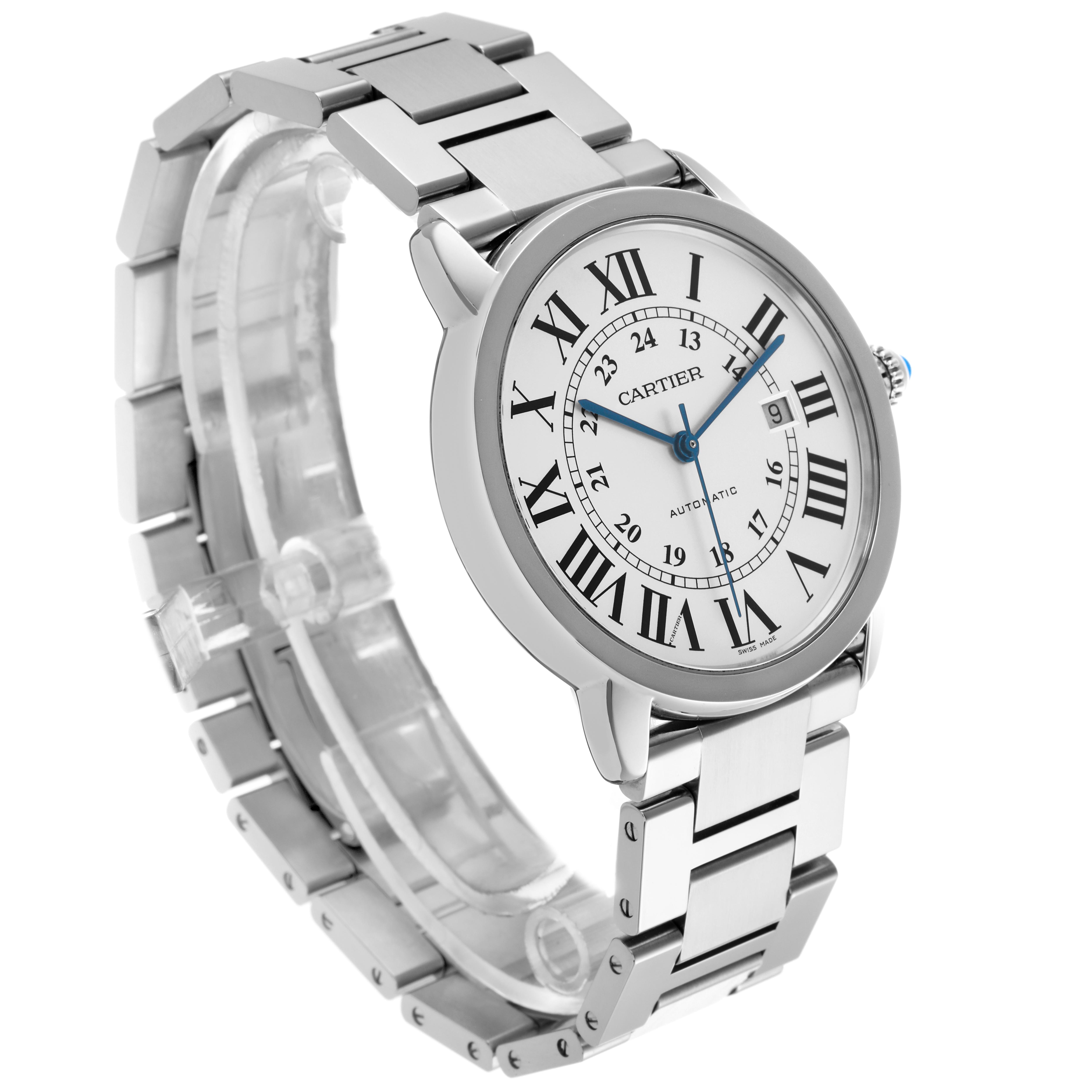 The Cartier Ronde W6701011 Men
s Stainless Steel Silver Dial W6701011 Men
s Stainless Steel Silver Dial watch is shown at a slight angle, highlighting its face, bezel, and metal bracelet.