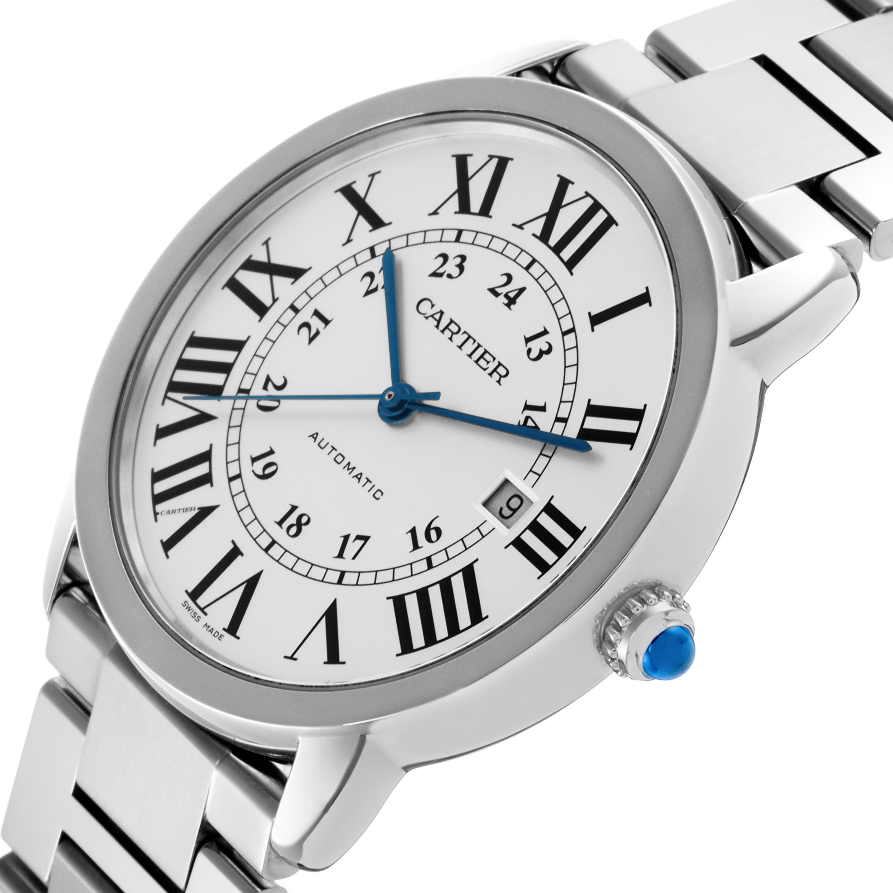 The Cartier Ronde W6701011 Men
s Stainless Steel Silver Dial W6701011 Men
s Stainless Steel Silver Dial watch is shown at a tilted angle, displaying its face, numeral markers, blue hands, and metal bracelet.
