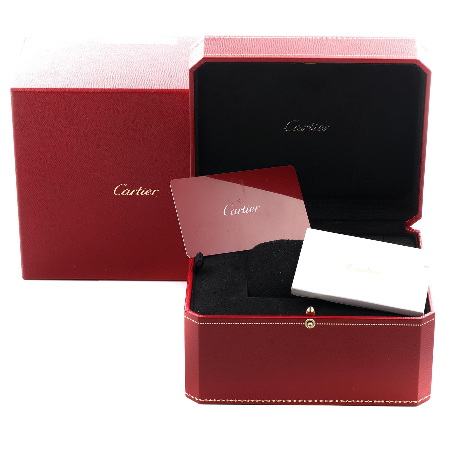 The image shows the Cartier Ronde W6701011 Men
s Stainless Steel Silver Dial W6701011 Men
s Stainless Steel Silver Dial model packaging, including a red box, warranty card, and booklet.