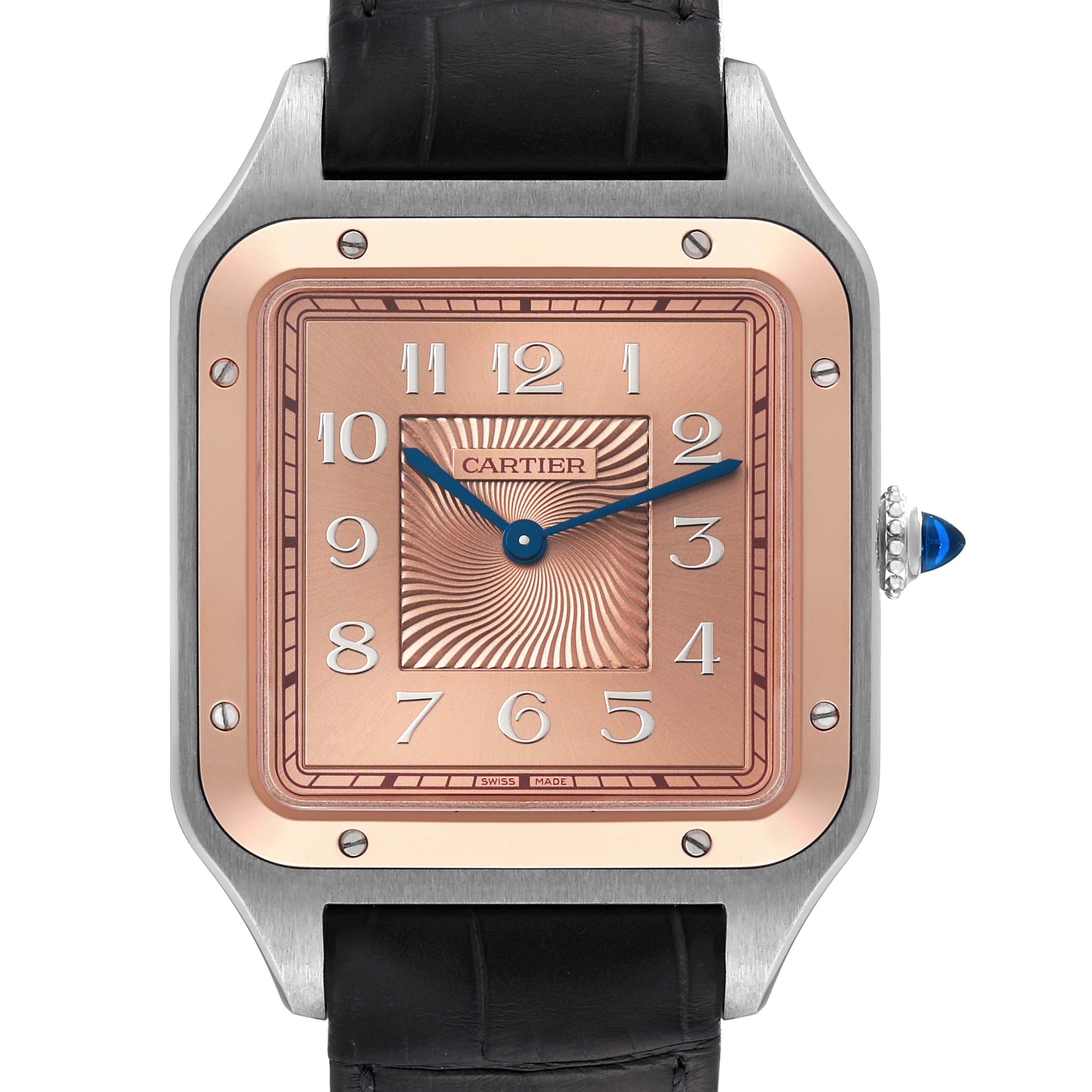 The image shows a front view of a Cartier Santos Dumont W2SA0025 Men
s Stainless Steel Pink Dial W2SA0025 Men
s Stainless Steel Pink Dial watch with a square face, silver casing, and black leather strap.