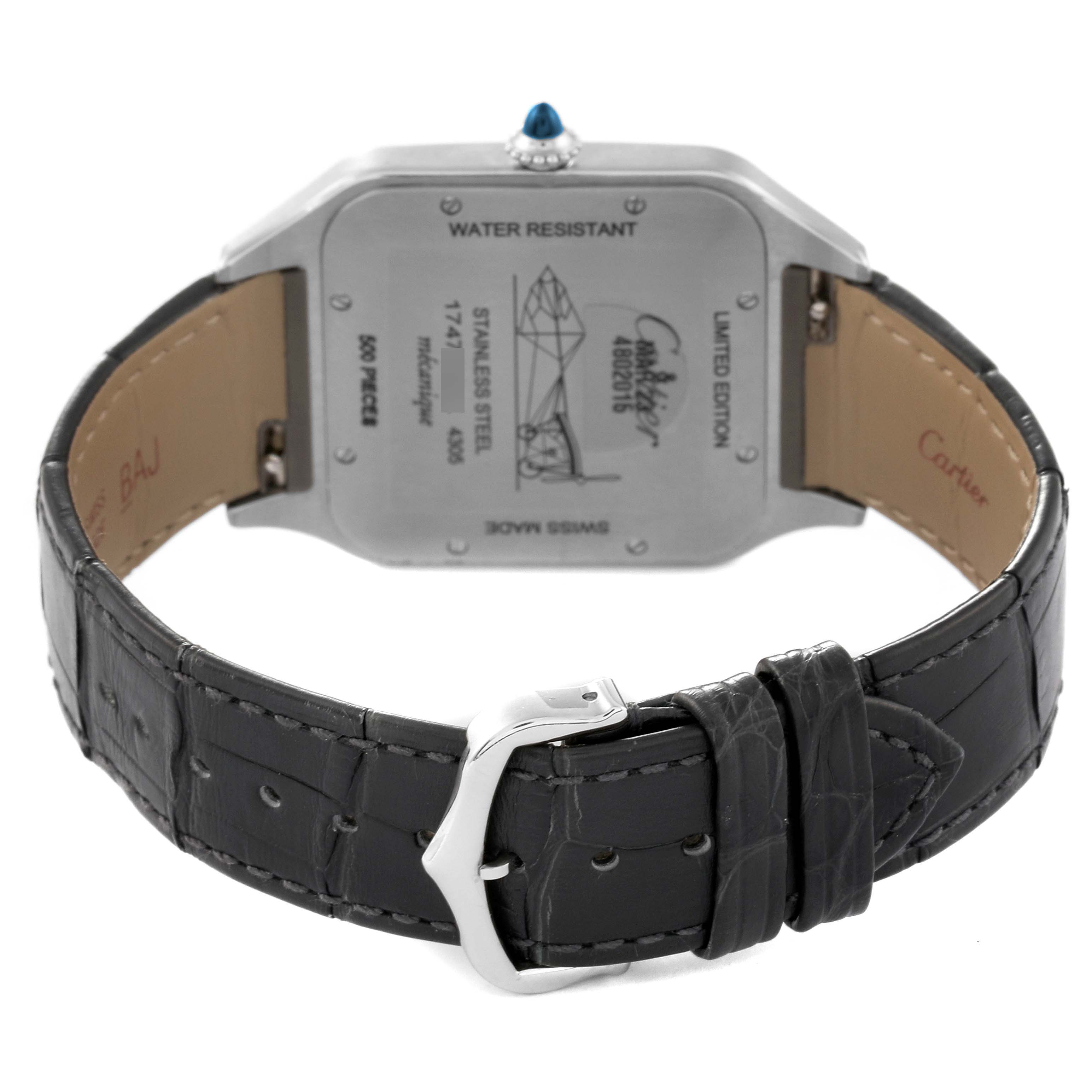 The image shows the back view of a Cartier Santos Dumont W2SA0025 Men
s Stainless Steel Pink Dial W2SA0025 Men
s Stainless Steel Pink Dial watch, displaying the case back and leather strap.