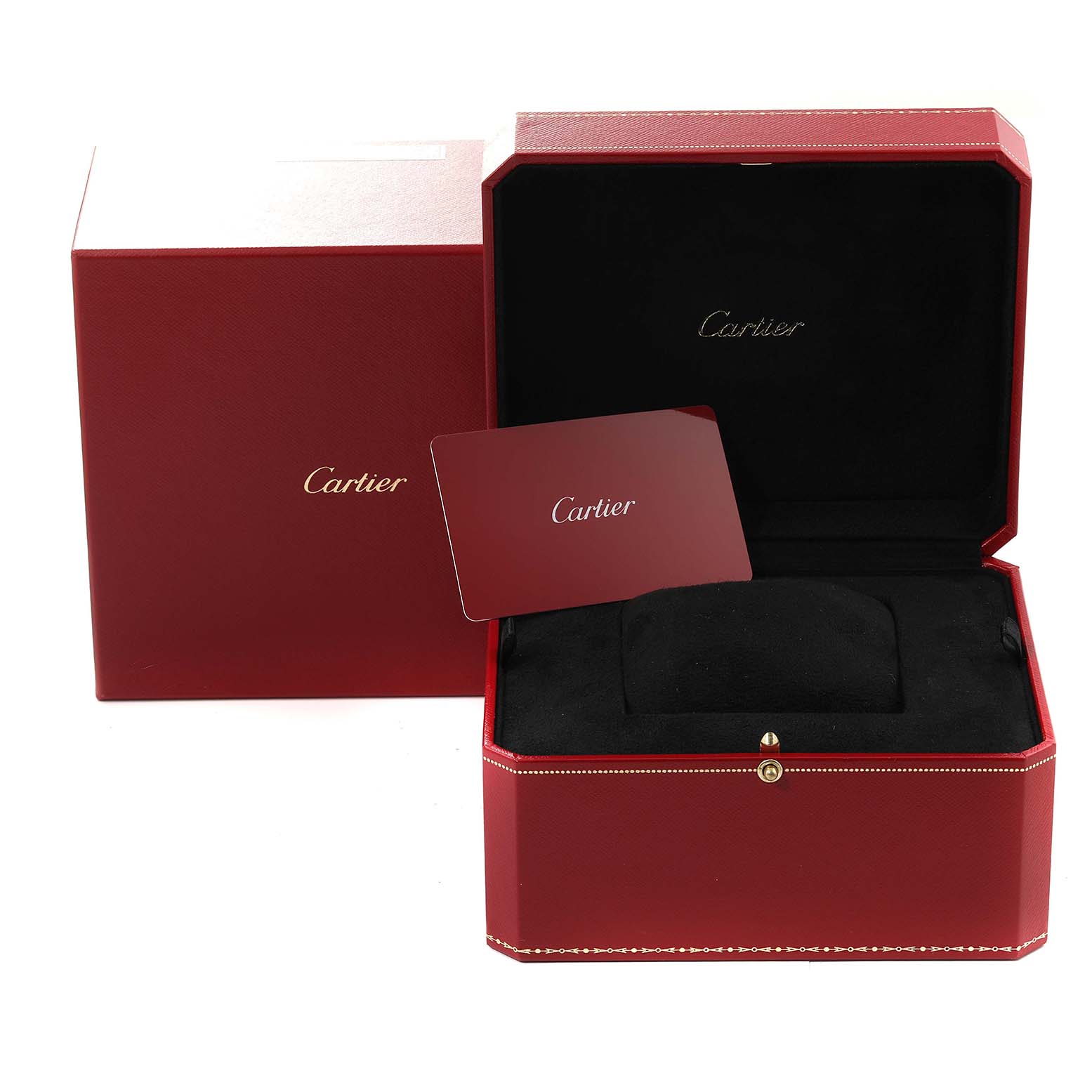 This image shows the packaging and accessories of a Cartier Santos Dumont W2SA0025 Men
s Stainless Steel Pink Dial W2SA0025 Men
s Stainless Steel Pink Dial watch, including a red watch box and a card.