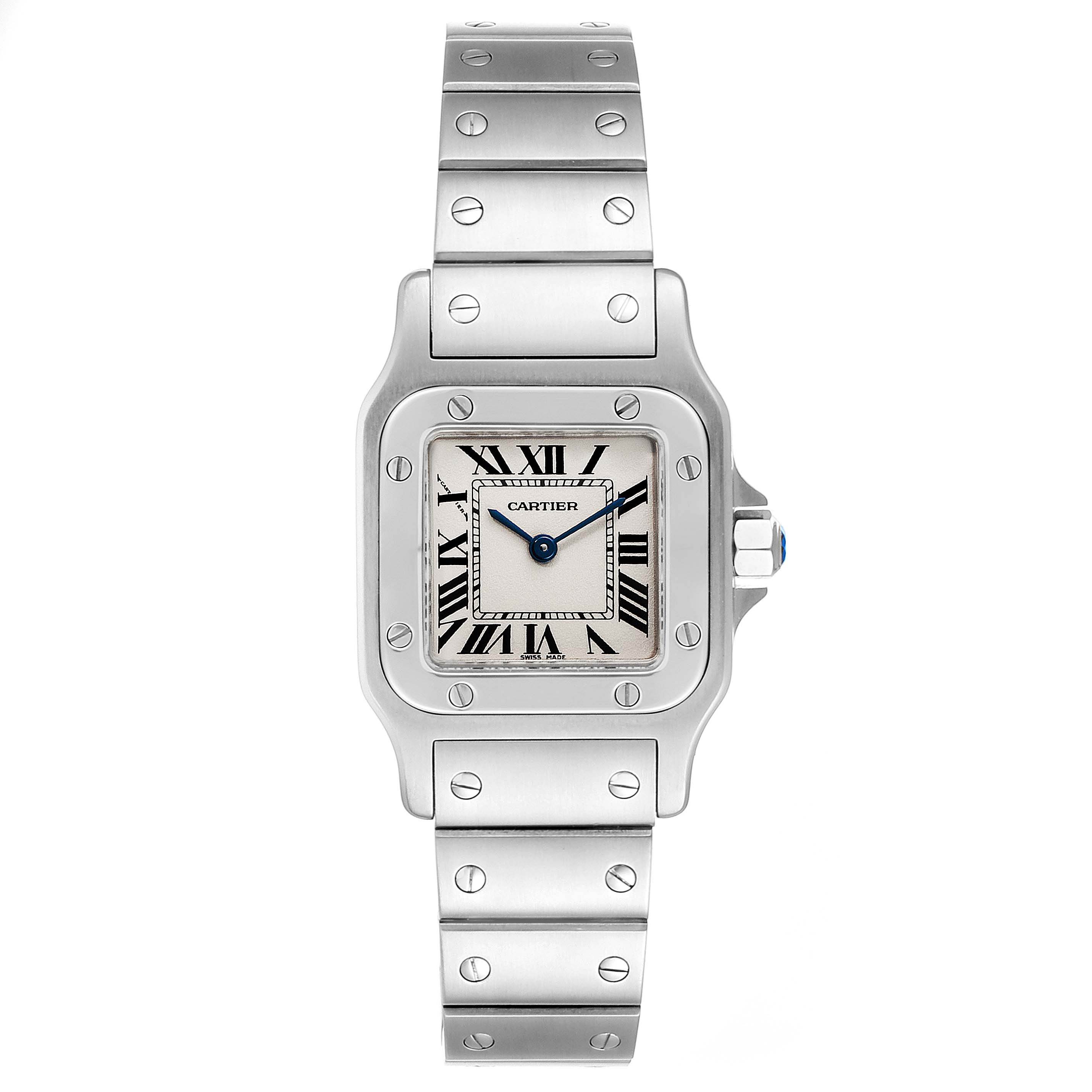 The image shows a front view of a Santos model watch by Cartier, highlighting the bezel, dial, and bracelet.