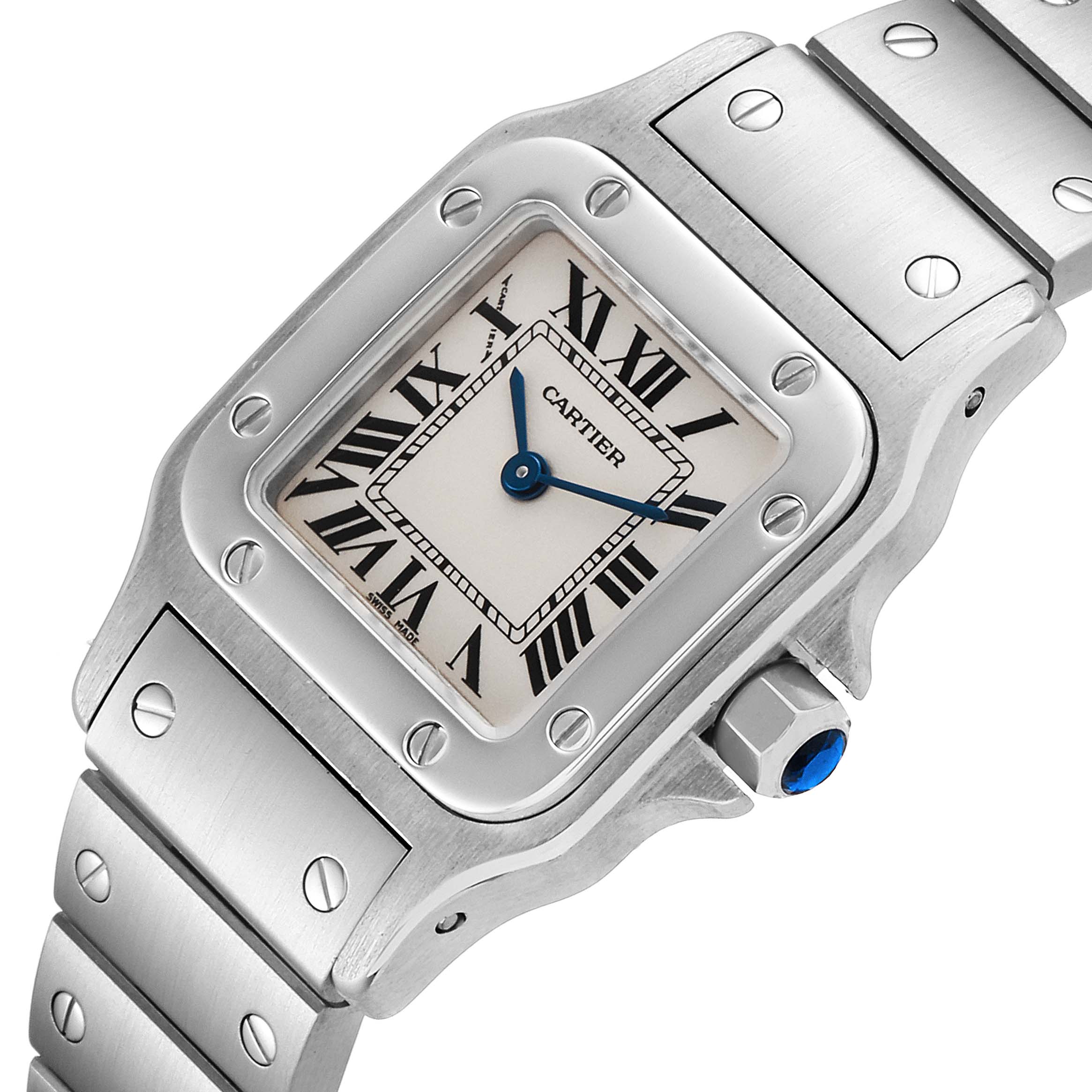 This image shows a close-up view of the face and bracelet of a Cartier Santos W20056D6 Women's Stainless Steel Silver Dial W20056D6 Women's Stainless Steel Silver Dial watch.