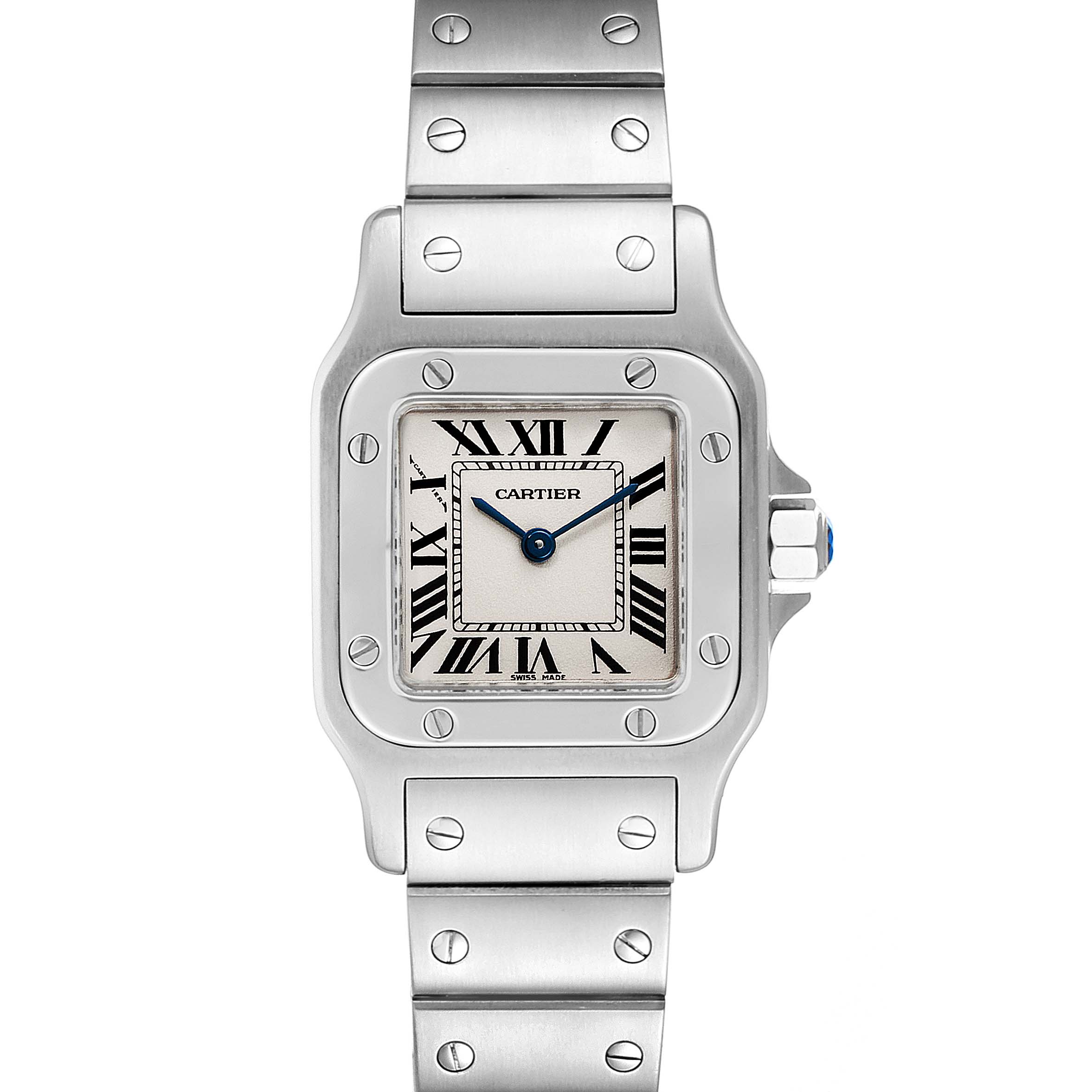 The image shows a front view of a Cartier Santos W20056D6 Women's Stainless Steel Silver Dial W20056D6 Women's Stainless Steel Silver Dial watch, highlighting its square face, Roman numerals, and metallic bracelet.