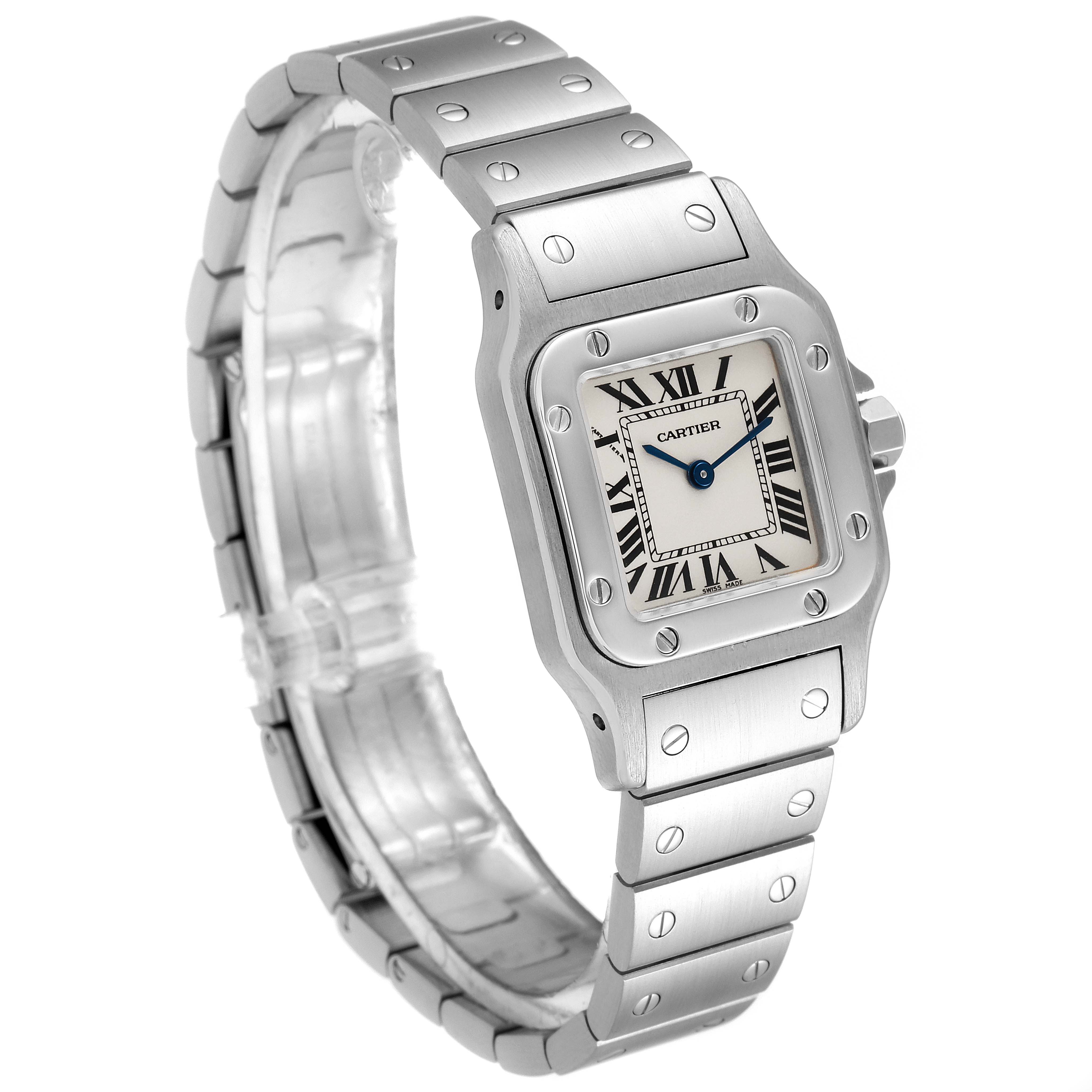 The image shows a Cartier Santos W20056D6 Women's Stainless Steel Silver Dial W20056D6 Women's Stainless Steel Silver Dial watch at a three-quarter angle, highlighting the face, bezel, and metal bracelet.