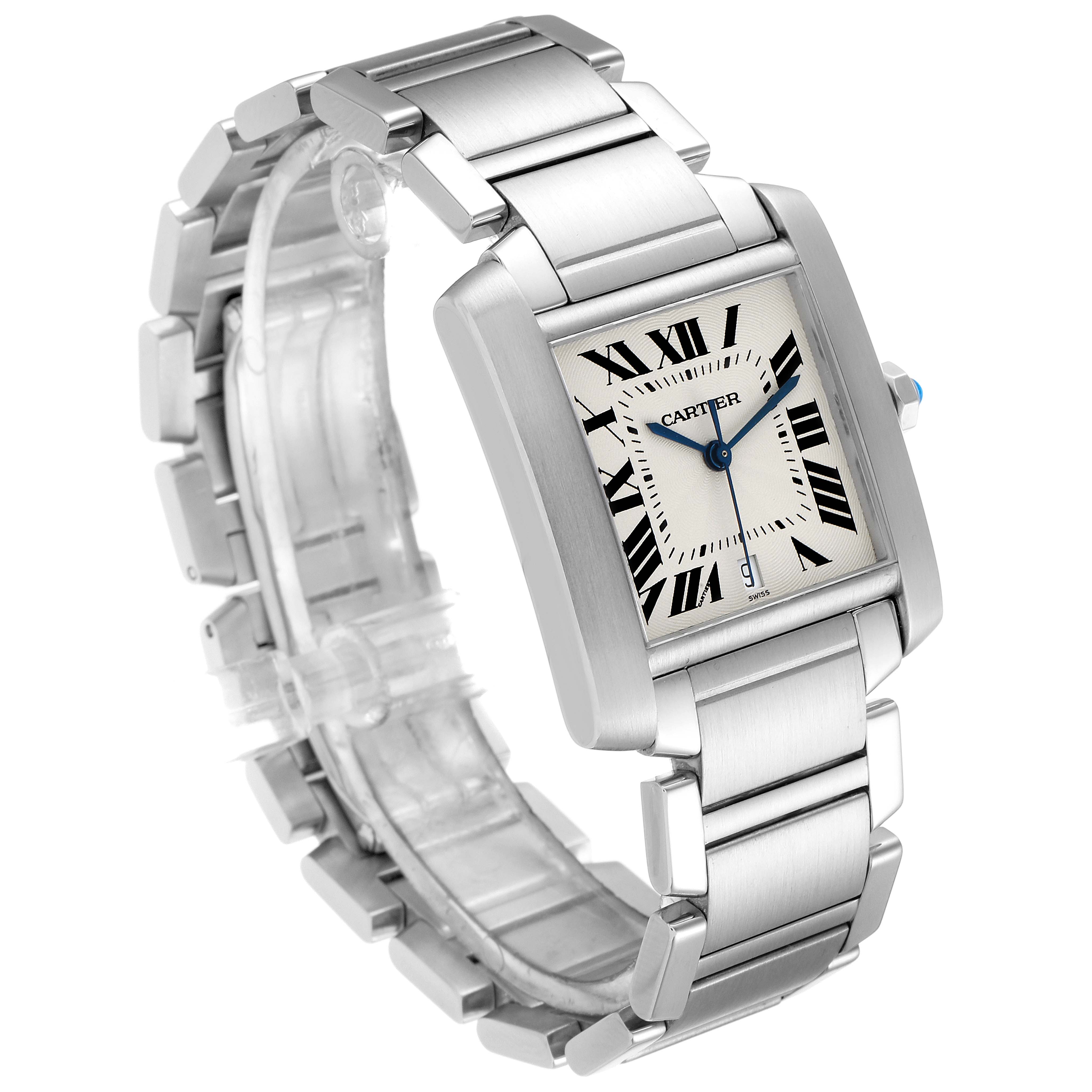The image shows a Cartier Tank Francaise W51002Q3 Men's Stainless Steel Silver Dial W51002Q3 Men's Stainless Steel Silver Dial watch at a three-quarter view, highlighting its rectangular case and metal bracelet.