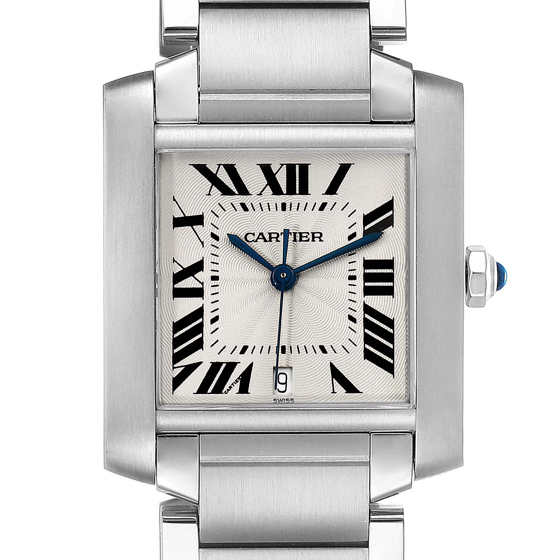 The image shows a front view of the Cartier Tank Francaise W51002Q3 Men's Stainless Steel Silver Dial W51002Q3 Men's Stainless Steel Silver Dial watch, highlighting its dial, case, and part of the bracelet.