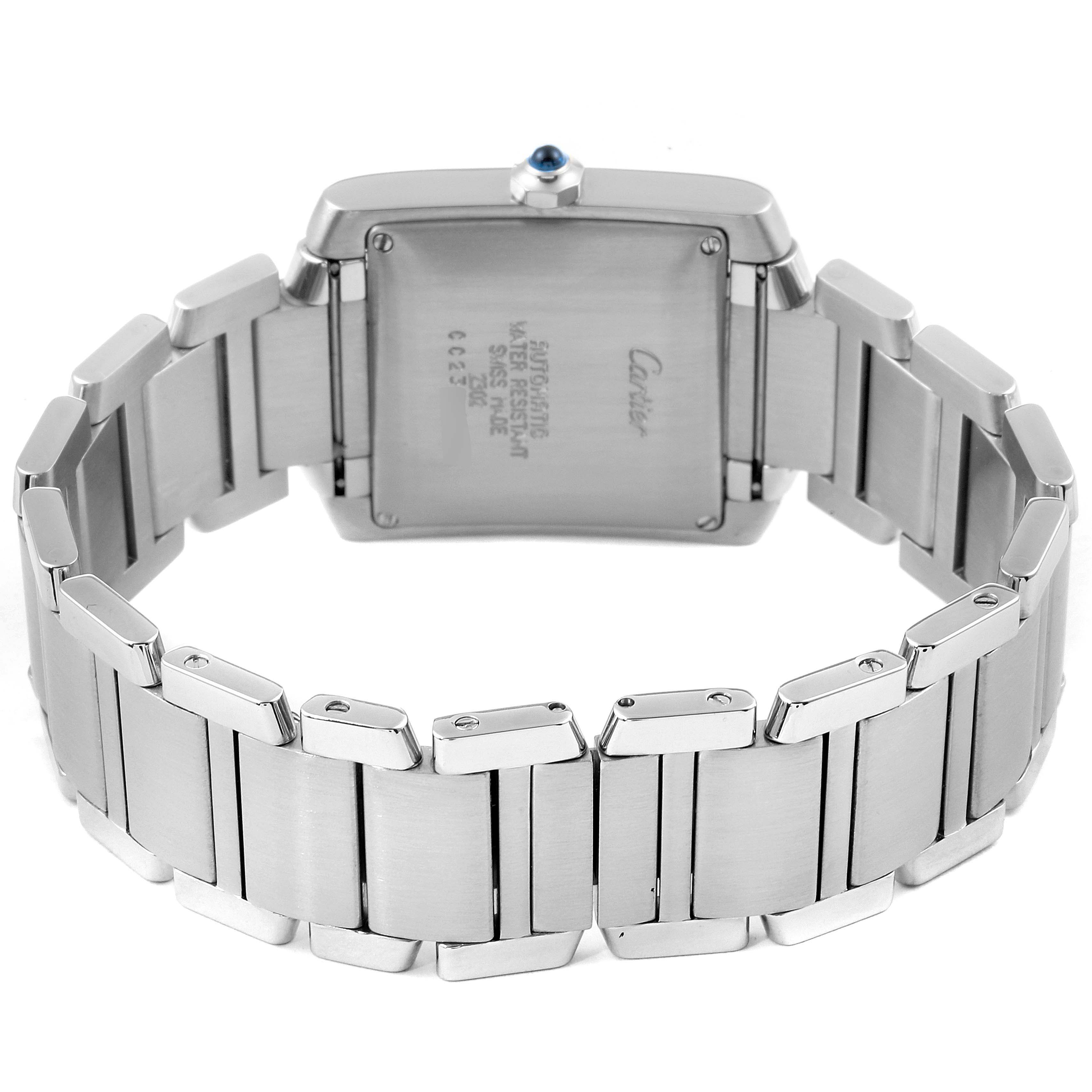 The image shows the back view of the Cartier Tank Francaise W51002Q3 Men's Stainless Steel Silver Dial W51002Q3 Men's Stainless Steel Silver Dial watch, highlighting the case back and stainless steel bracelet.