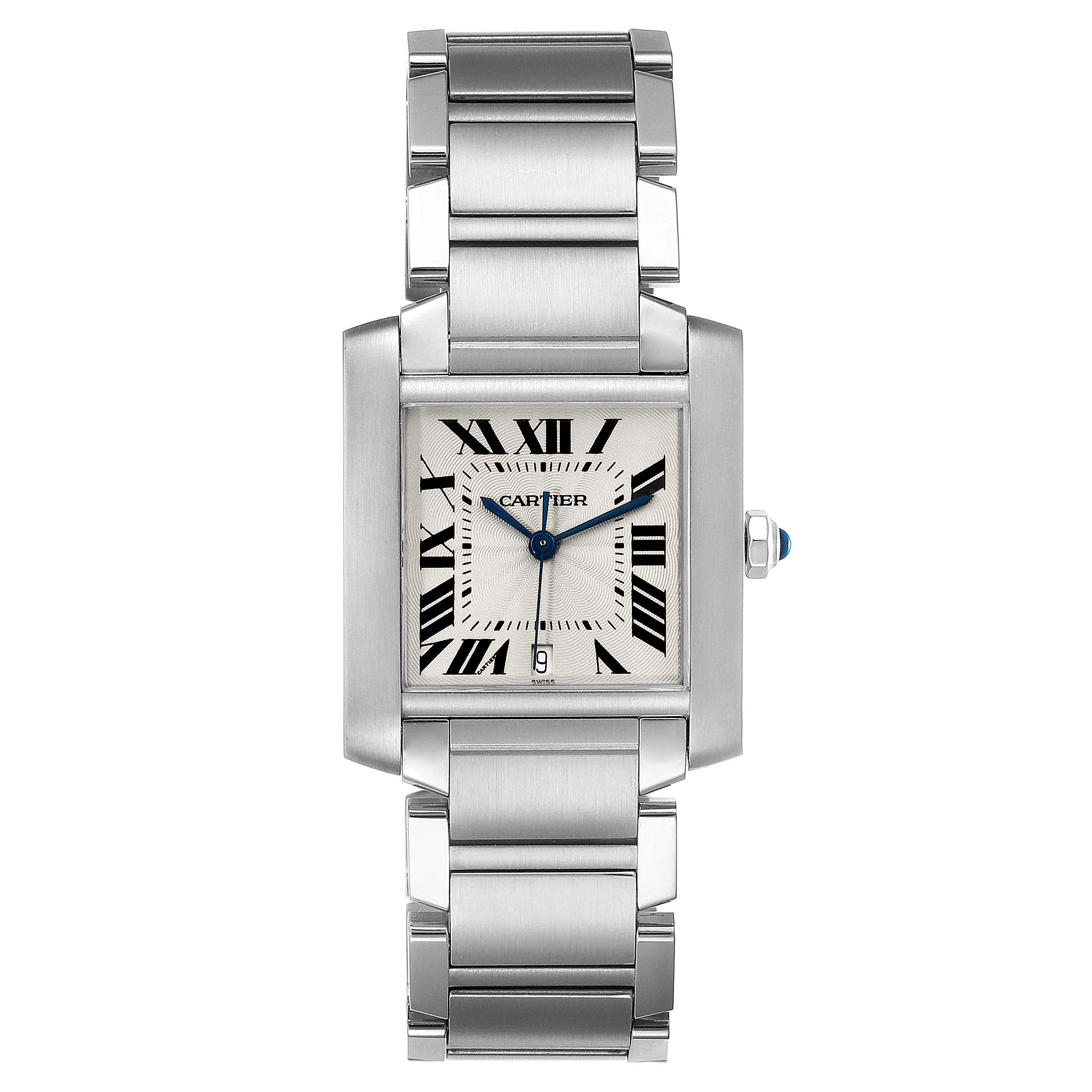 The Cartier Tank Française watch is shown from the front, displaying its rectangular face, Roman numeral hour markers, and metal bracelet.
