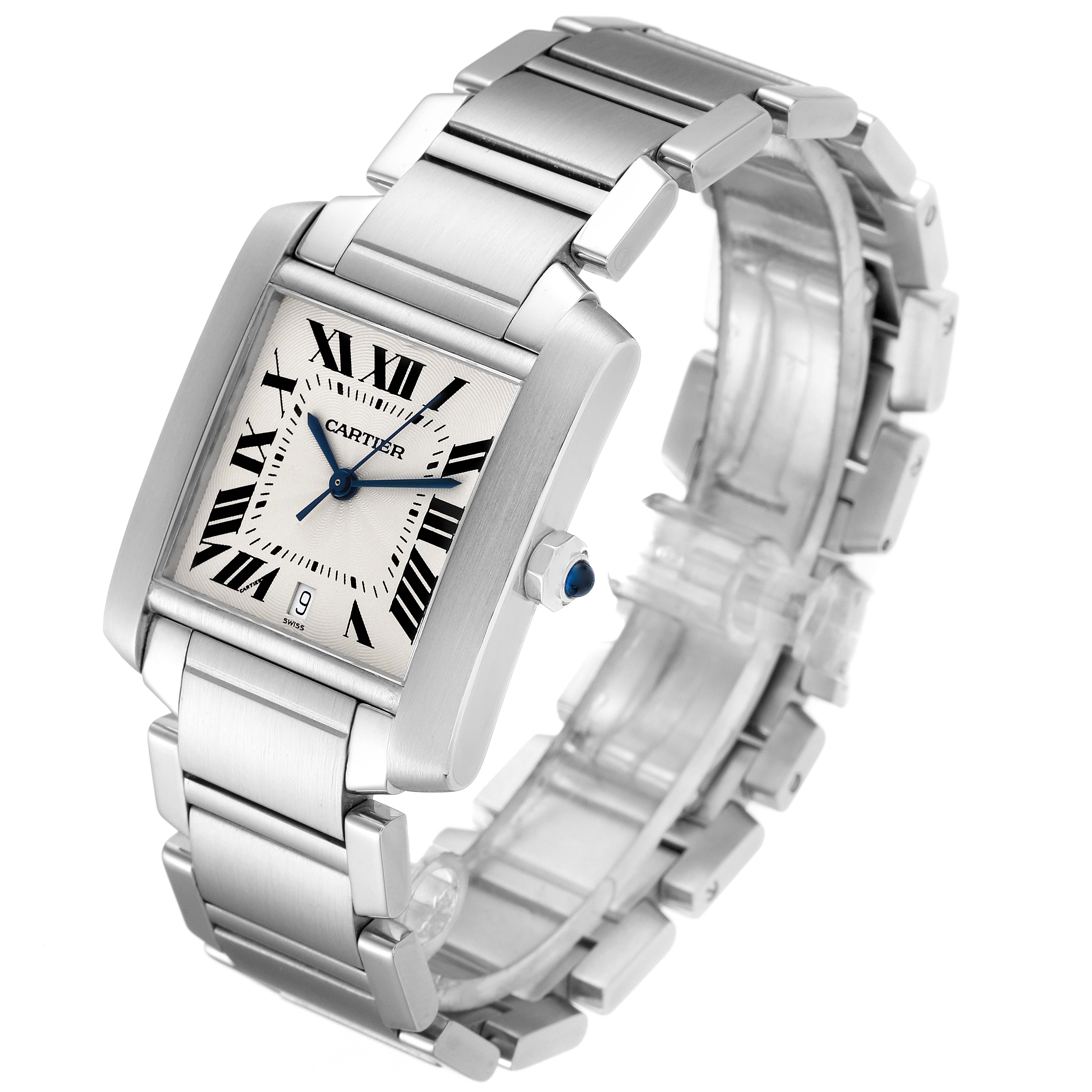 The Cartier Tank Francaise W51002Q3 Men's Stainless Steel Silver Dial W51002Q3 Men's Stainless Steel Silver Dial watch is shown at a slight angle, displaying the face, bracelet, and crown.