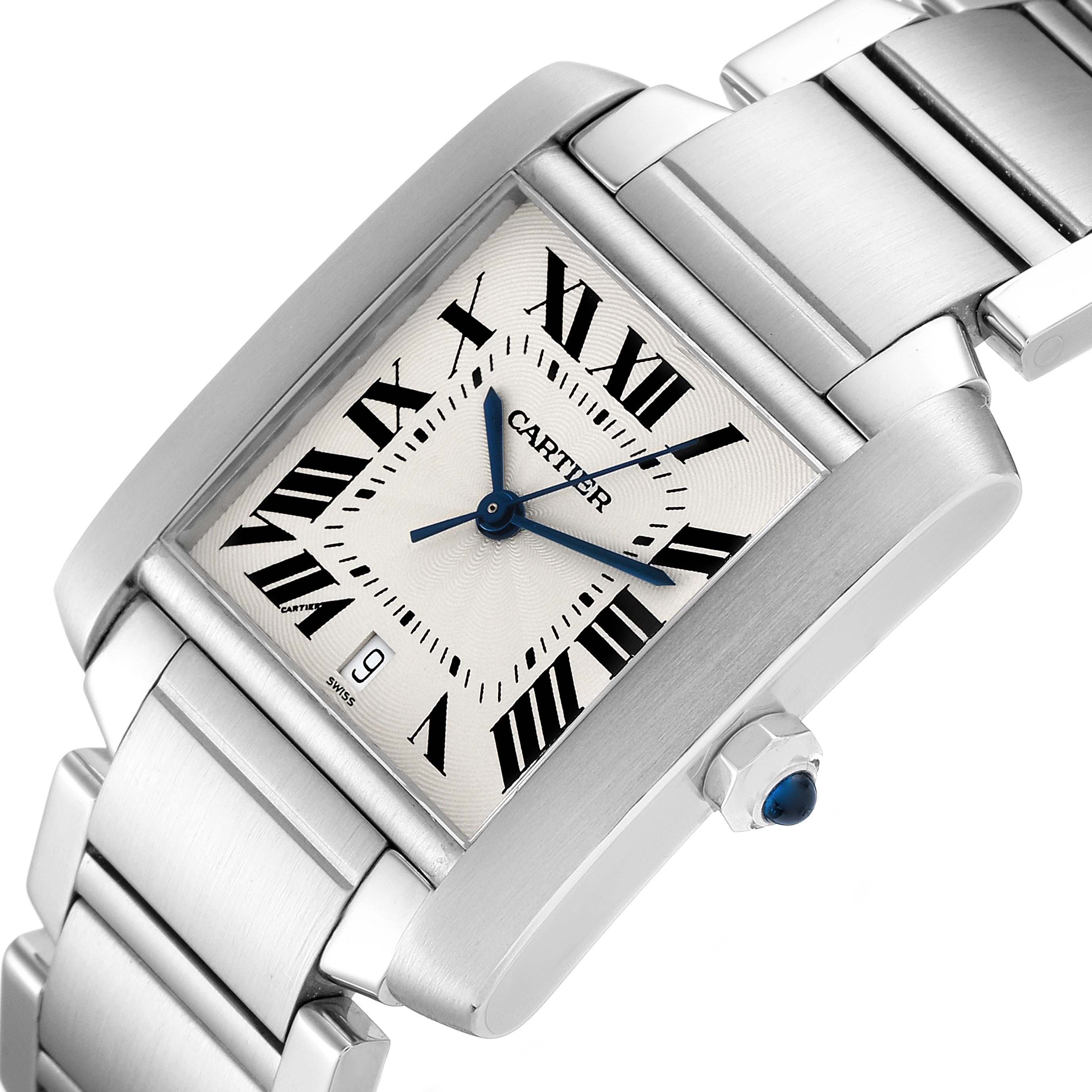 This Cartier Tank Francaise W51002Q3 Men's Stainless Steel Silver Dial W51002Q3 Men's Stainless Steel Silver Dial watch is shown at a slight angle emphasizing the face, case, crown, and part of the bracelet.
