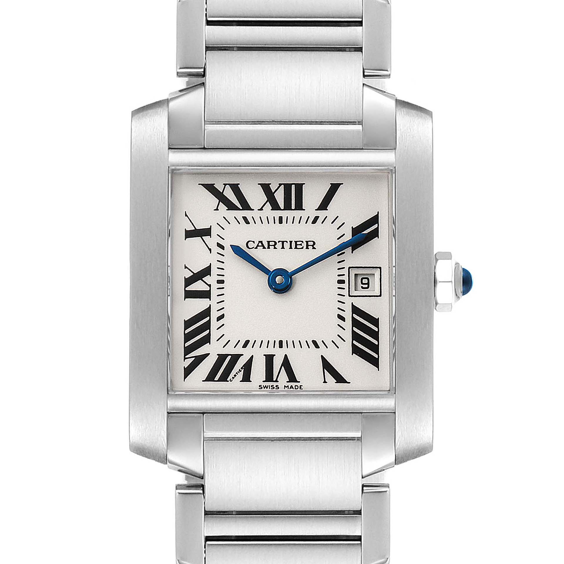 This image shows a straight-on view of a Cartier Tank Francaise W51011Q3 Women's Stainless Steel Silver Dial W51011Q3 Women's Stainless Steel Silver Dial watch with a stainless steel band and Roman numeral dial.