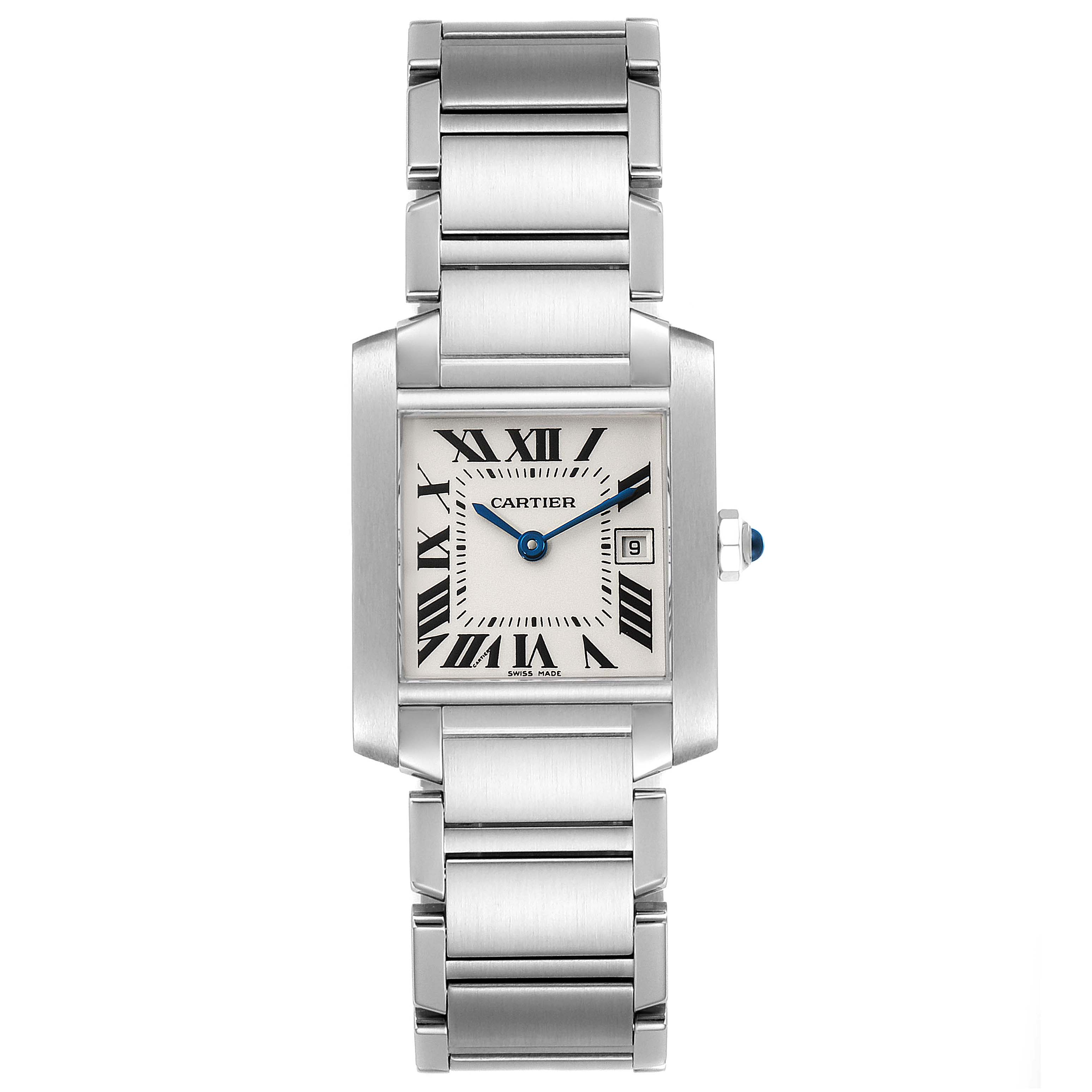 The image shows a front view of the Cartier Tank Francaise W51011Q3 Women's Stainless Steel Silver Dial W51011Q3 Women's Stainless Steel Silver Dial watch, featuring the face, bracelet, and crown.