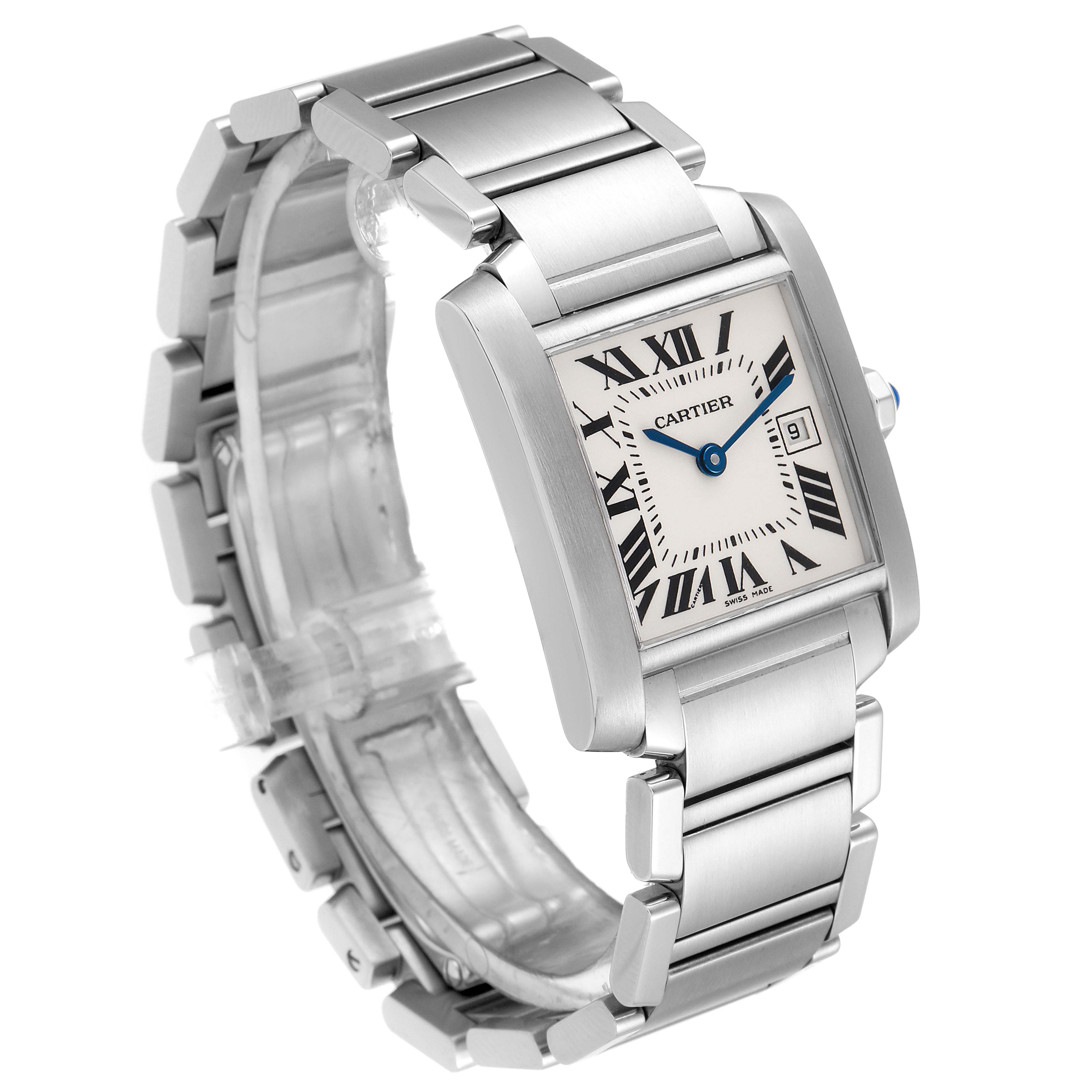 The image shows a side angle of the Cartier Tank Française watch, highlighting the face, bracelet, and crown.