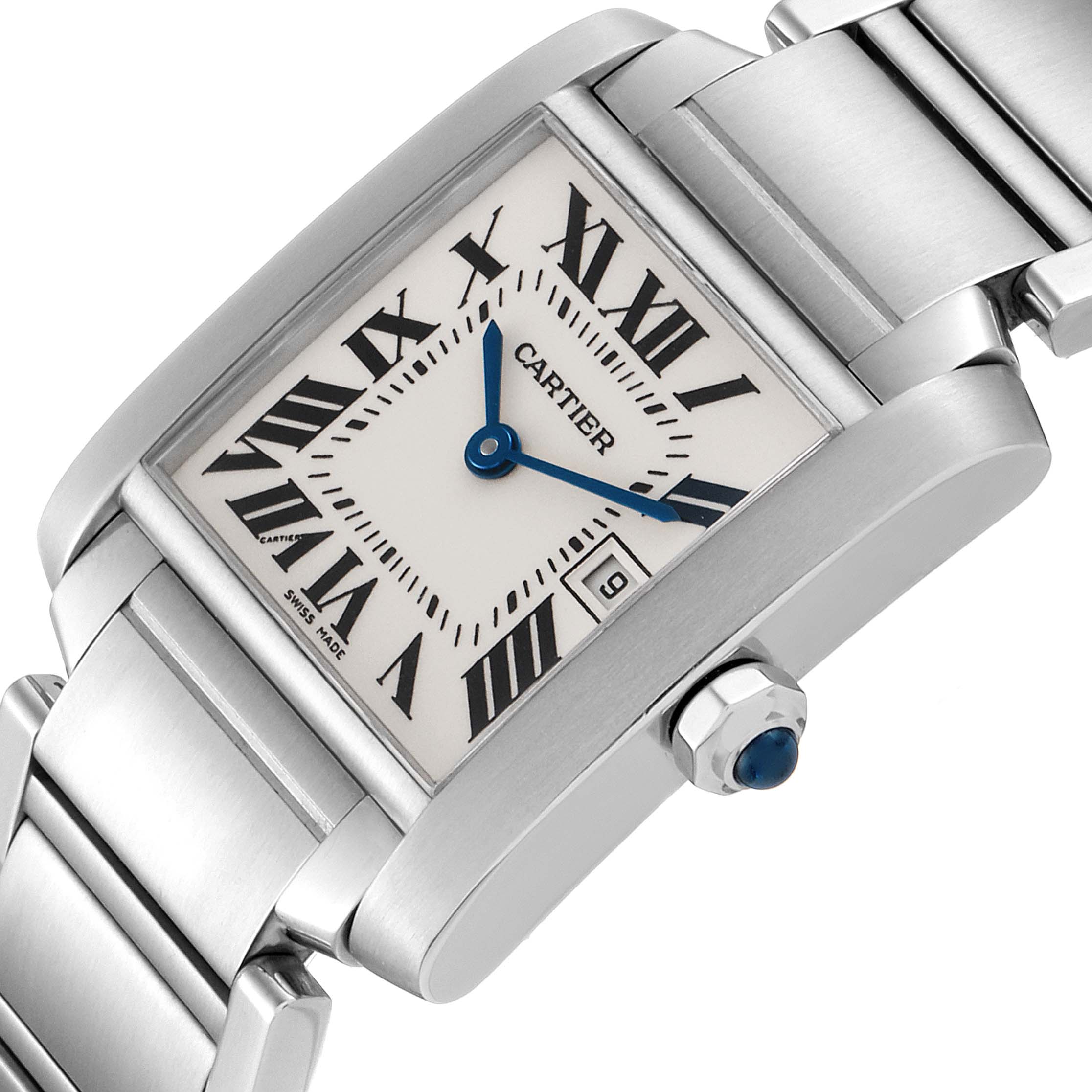 The image shows a close-up, top-side angle of a Cartier Tank Francaise W51011Q3 Women's Stainless Steel Silver Dial W51011Q3 Women's Stainless Steel Silver Dial watch, highlighting its face, bracelet, and crown.