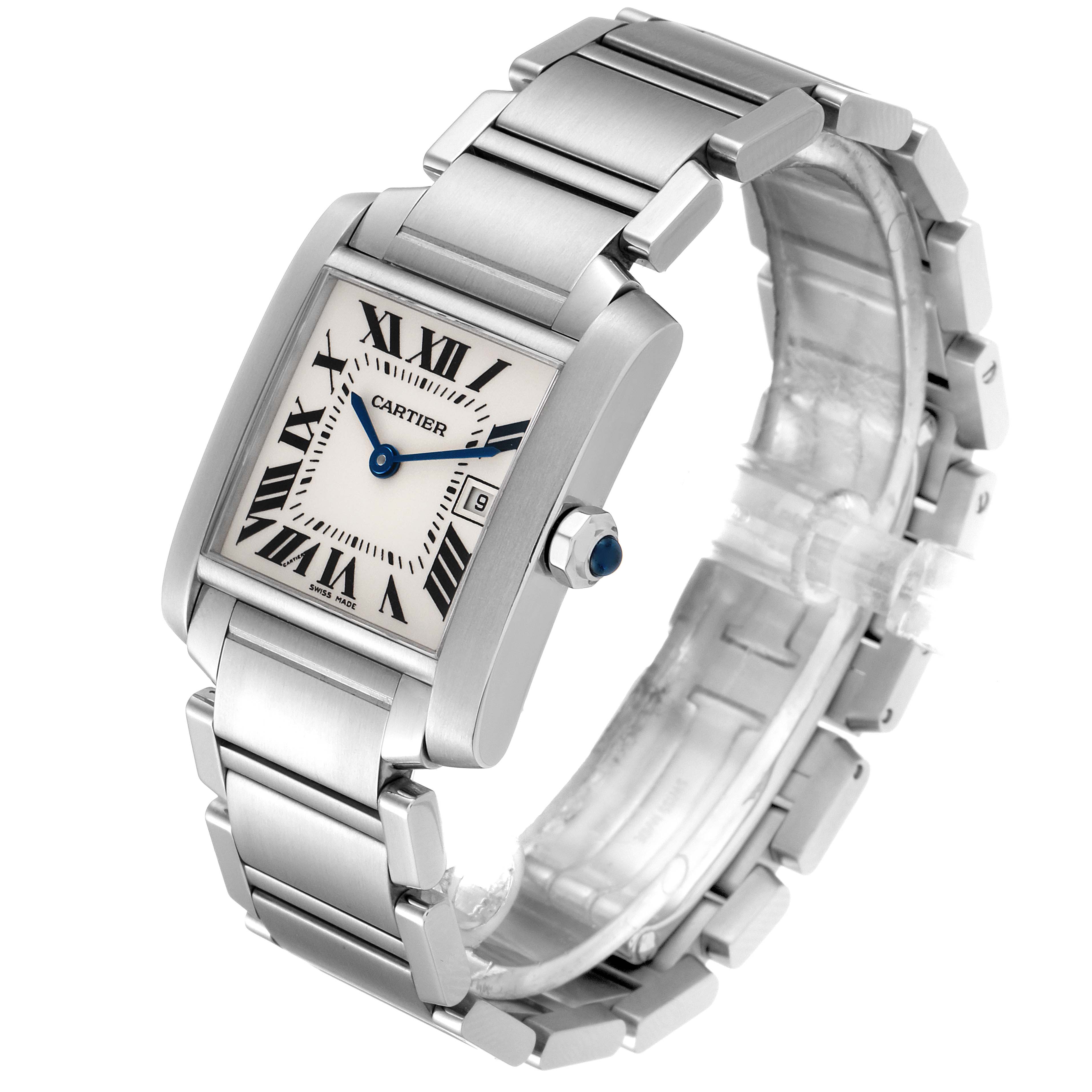 This image shows a Cartier Tank Française watch at a three-quarter angle, highlighting its face, metal bracelet, and side crown.