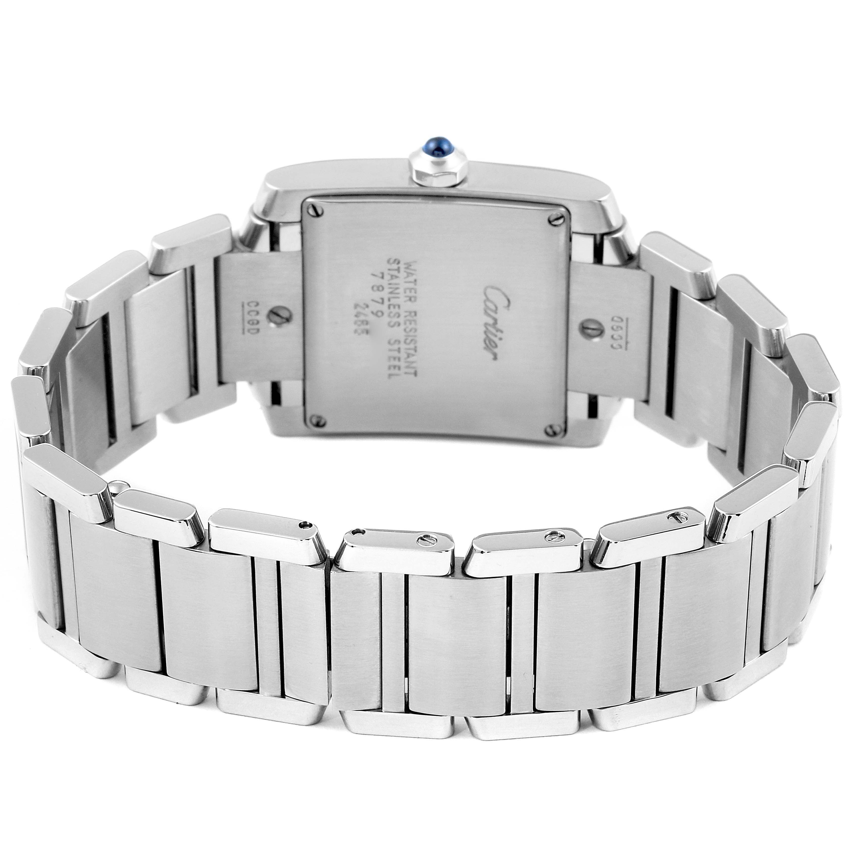 The image shows the back view of the Cartier Tank Francaise W51011Q3 Women's Stainless Steel Silver Dial W51011Q3 Women's Stainless Steel Silver Dial watch, highlighting its stainless steel bracelet and case back.