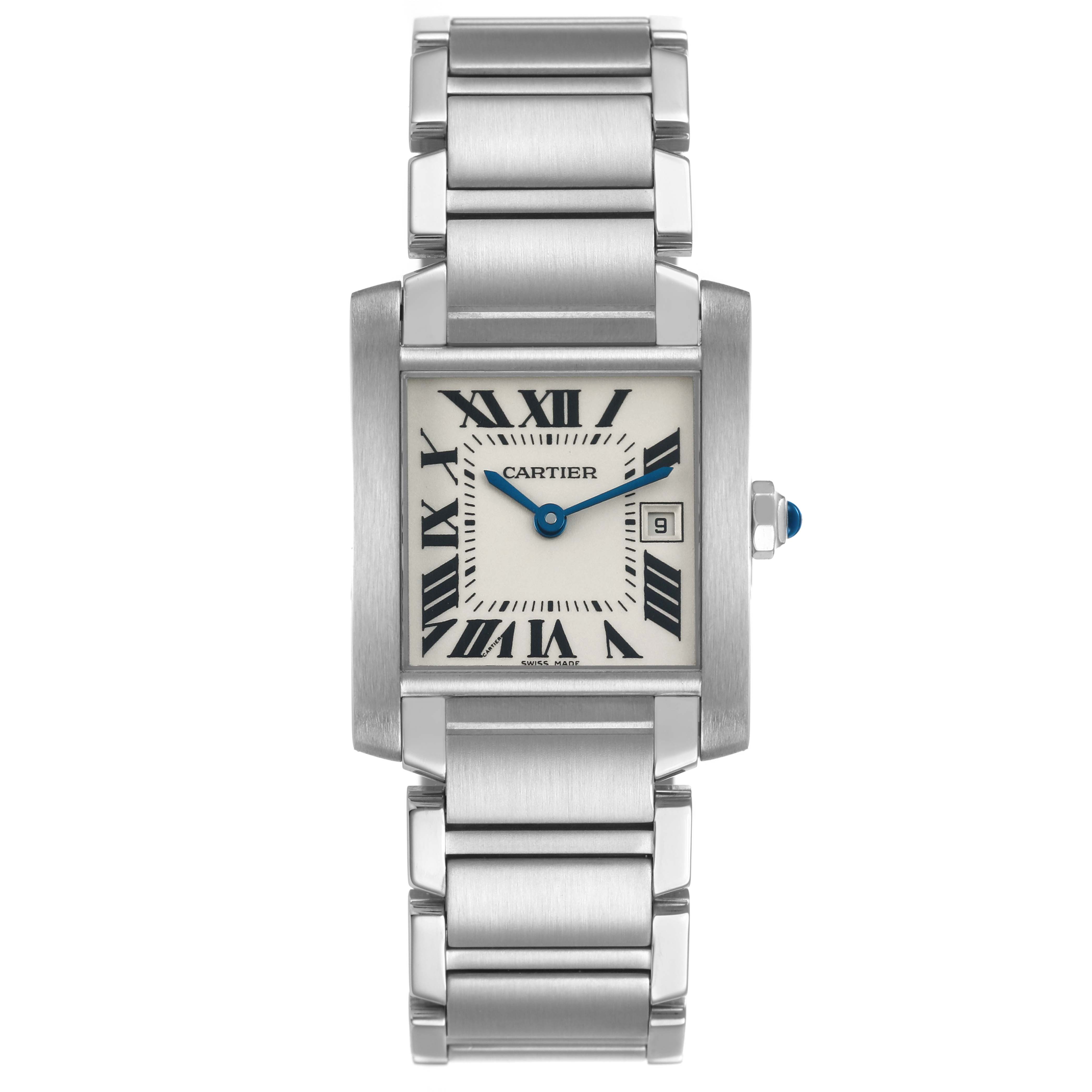 The Cartier Tank Française watch is shown from a front angle, detailing the face, bracelet, and crown.