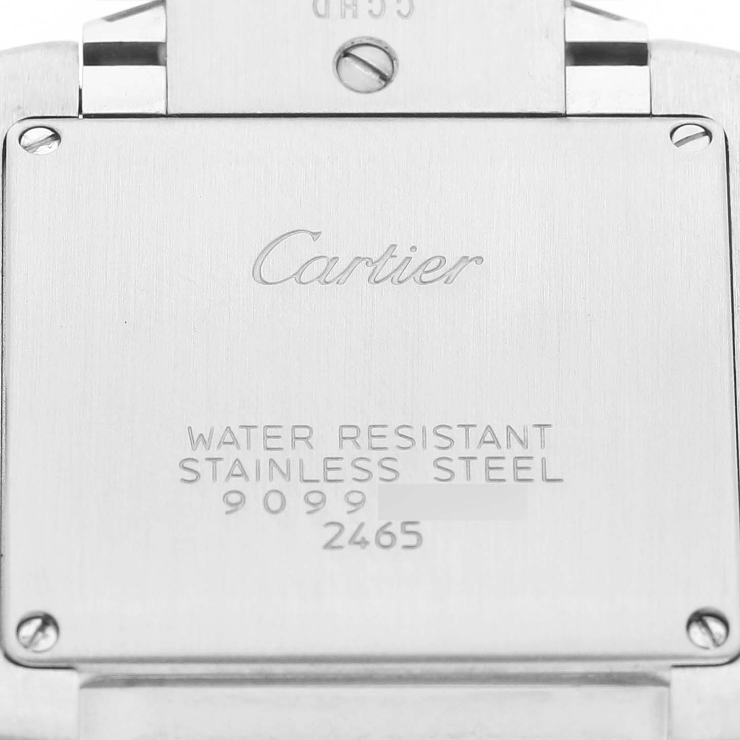 The image shows the back case of a Cartier Tank Française watch, highlighting its water resistance and stainless steel material.