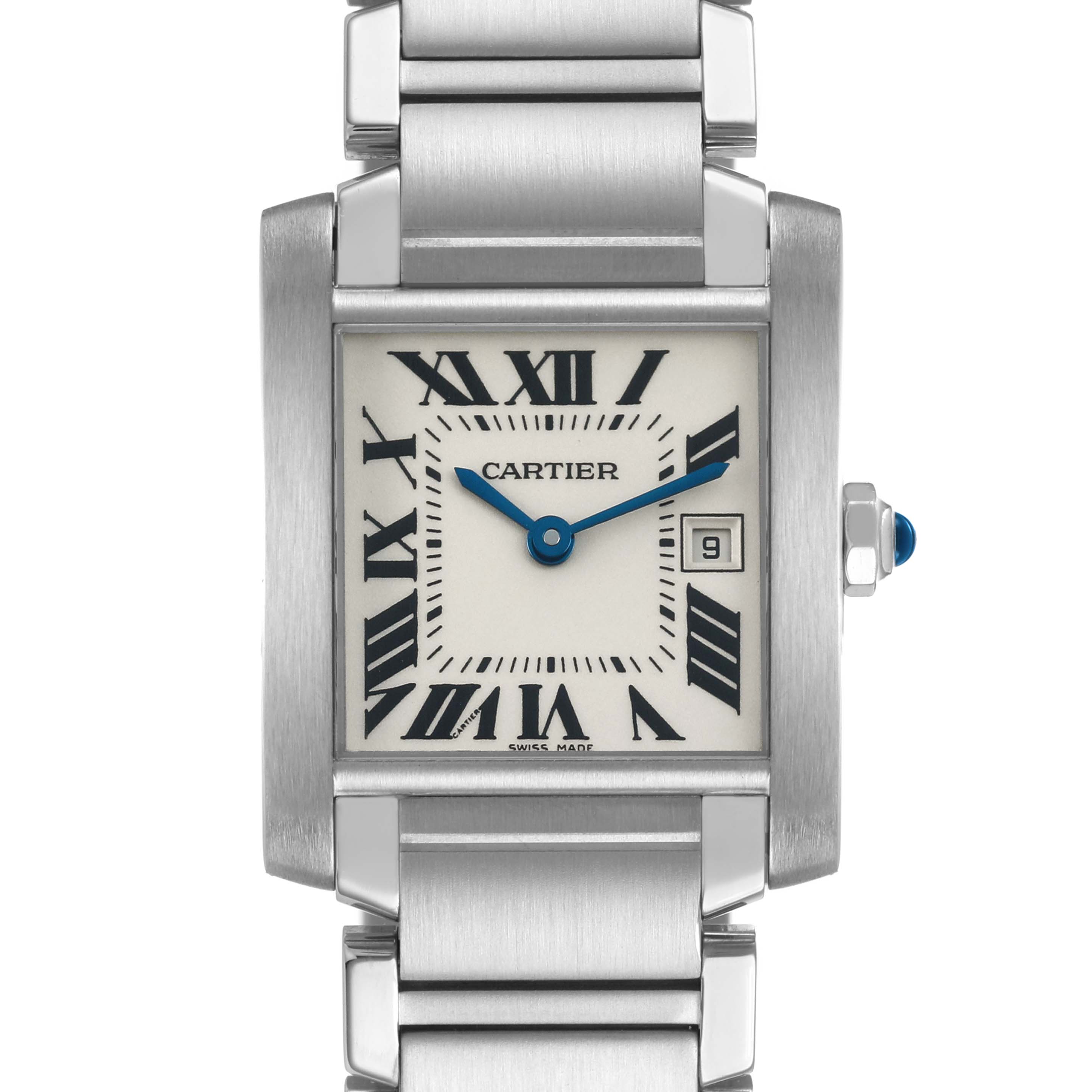 The Cartier Tank Francaise W51011Q3 Women's Stainless Steel Silver Dial watch is shown from the front, highlighting the Roman numeral dial, blue hands, and metal bracelet.