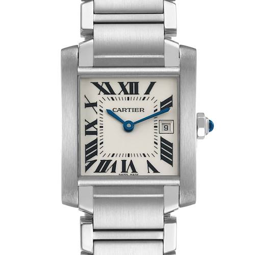 The Cartier Tank Française watch is shown from a direct frontal angle, highlighting its face, Roman numerals, and metal bracelet.