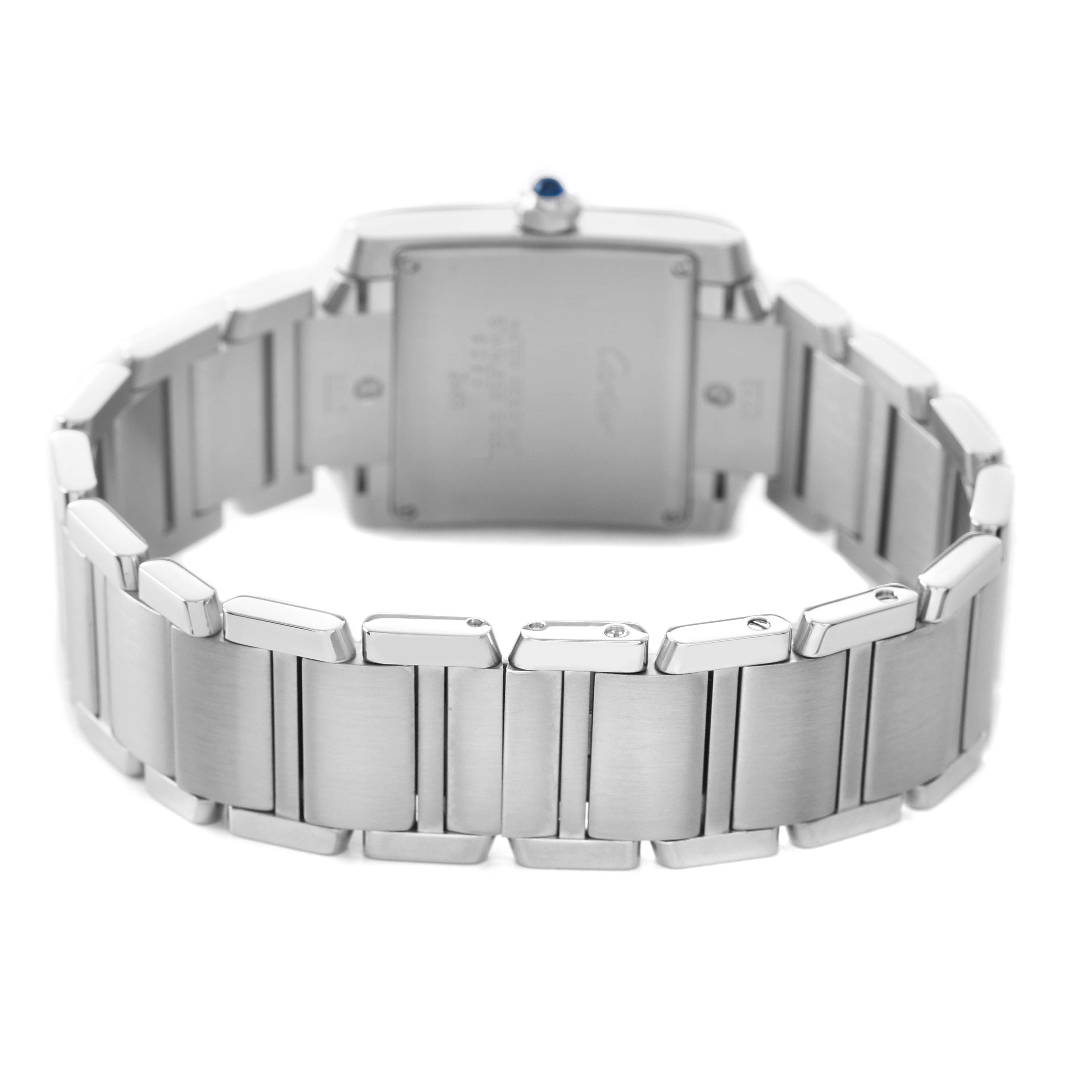 The image shows the back of the Cartier Tank Francaise W51011Q3 Women's Stainless Steel Silver Dial watch, highlighting the bracelet and clasp detailing.