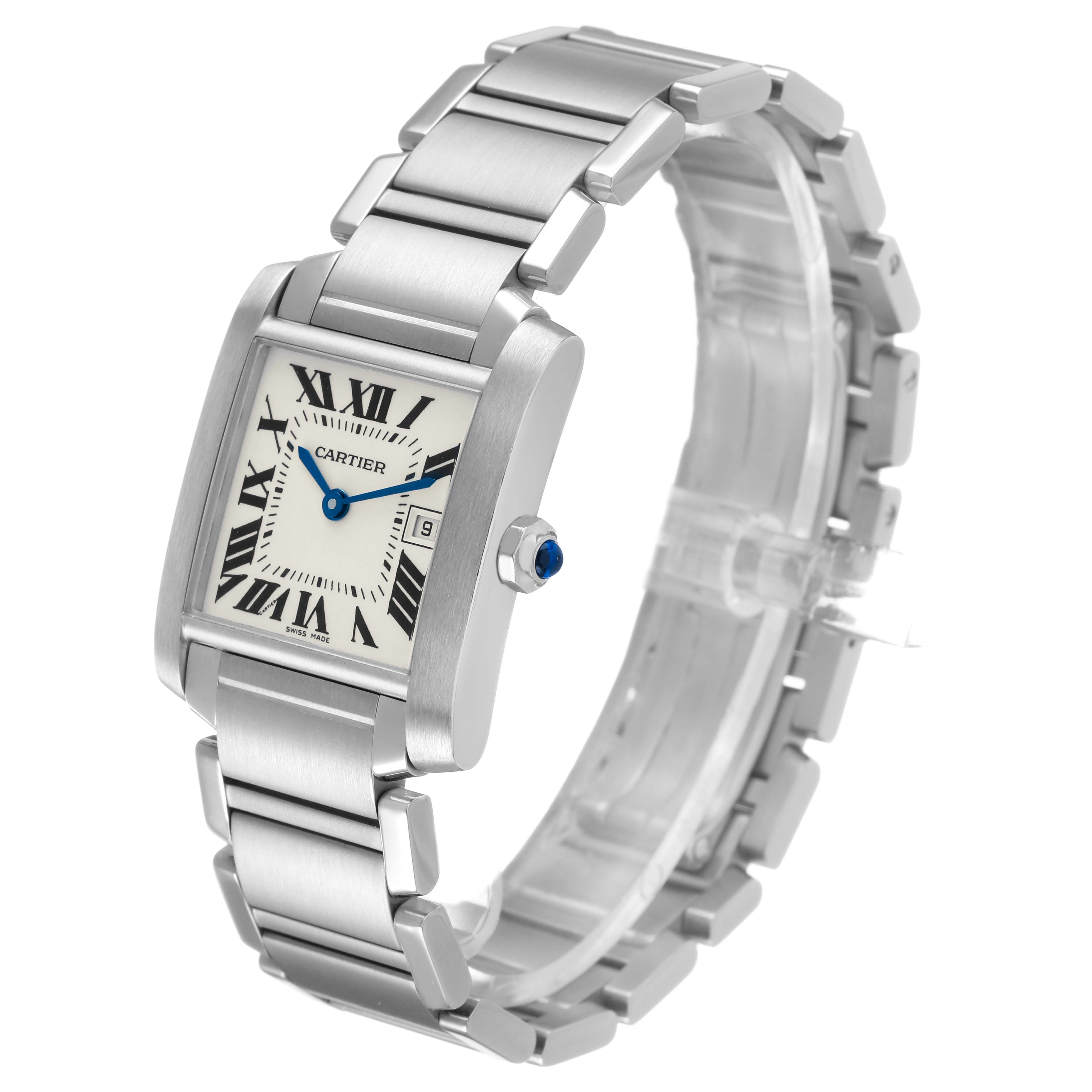 The Cartier Tank Française watch is shown at a three-quarter angle, highlighting the face, bracelet, and crown.