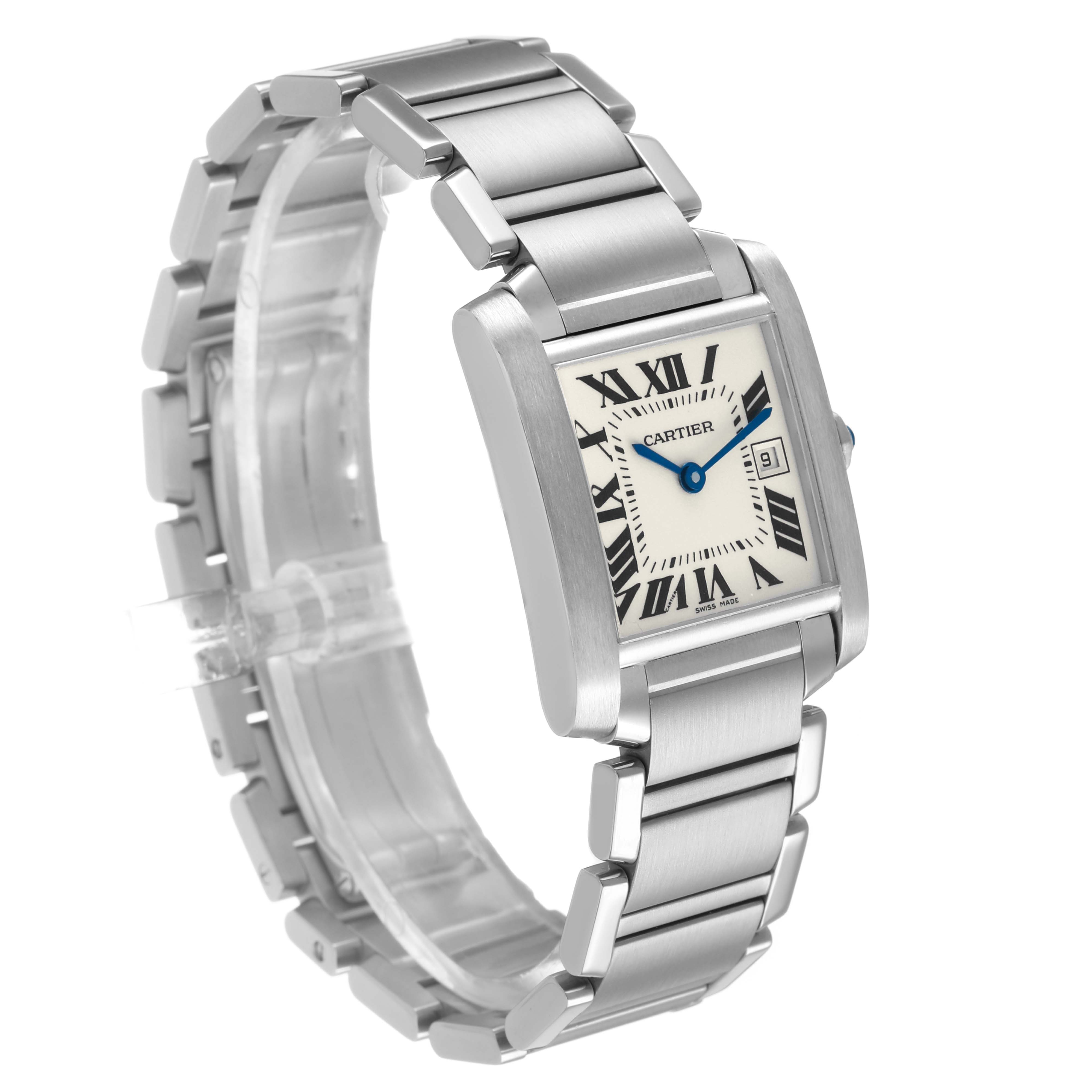 The Cartier Tank Française watch is shown at a slight angle, displaying its rectangular face, Roman numeral dial, and metal bracelet.