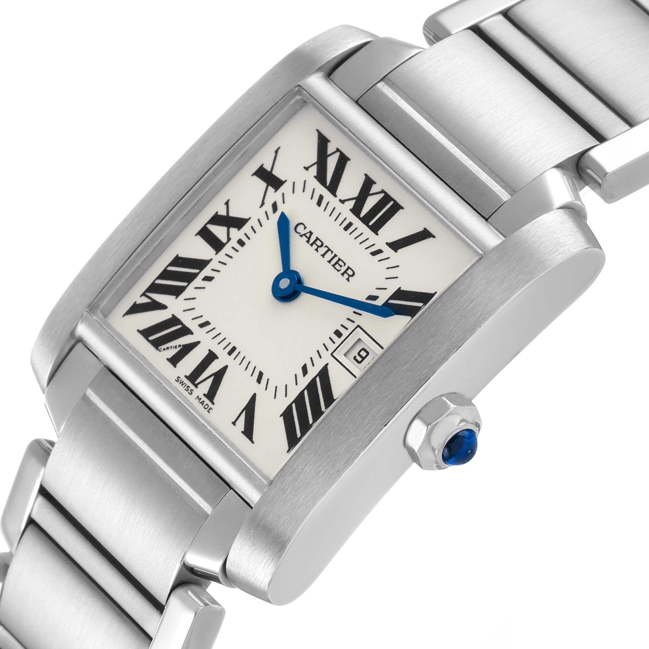 The Cartier Tank Française watch is shown at an angled view, highlighting the face, Roman numerals, and metal bracelet.