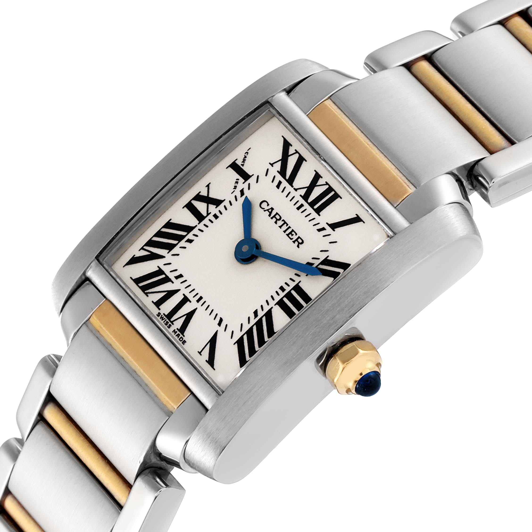 The image shows a close-up, angled top view of the Cartier Tank Francaise W51007Q4 Women
s Steel and Gold (two tone) Silver Dial W51007Q4 Women
s Steel and Gold (two tone) Silver Dial watch, highlighting its face, crown, and bracelet.