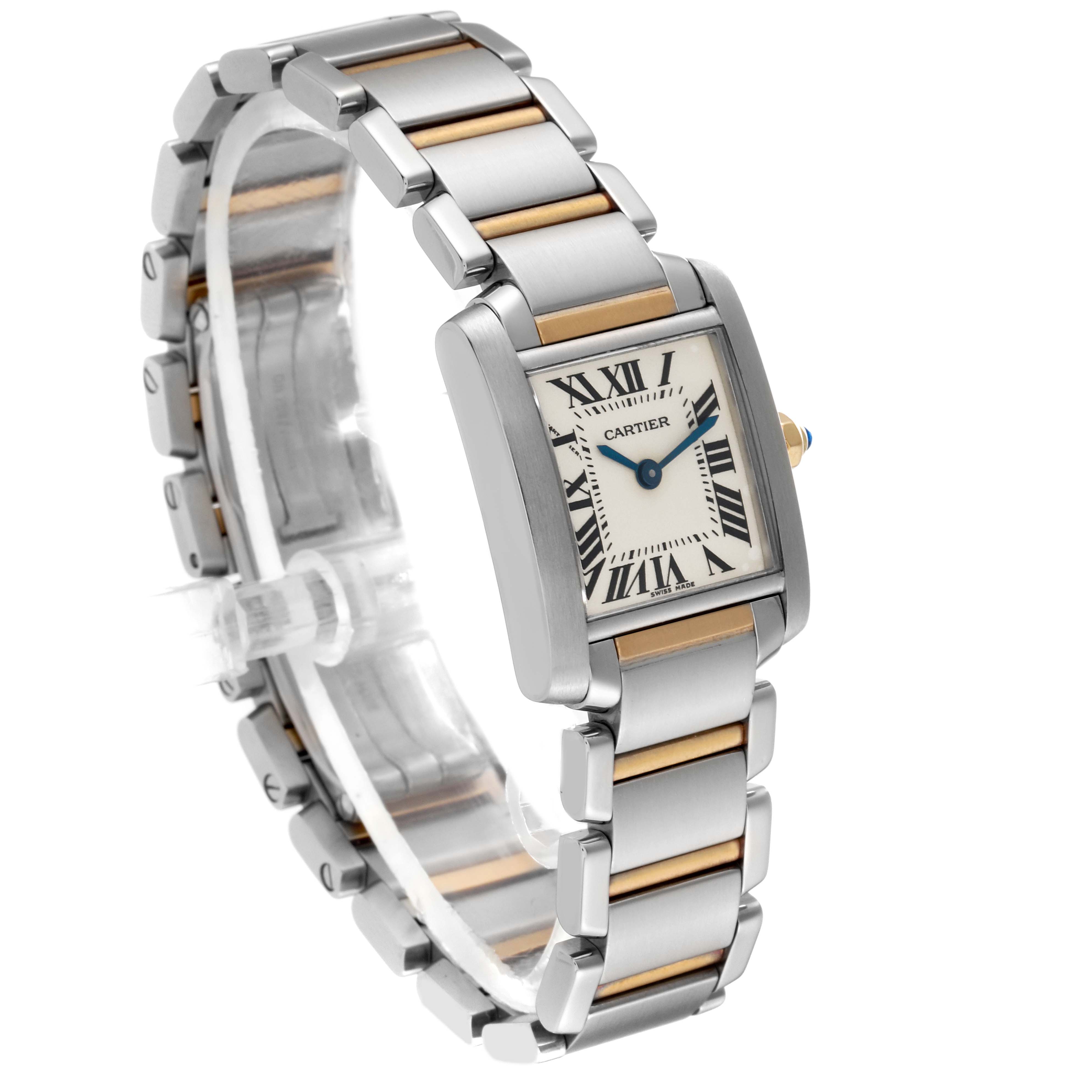 The image shows a Cartier Tank Française watch at an angled view, highlighting its rectangular face and metal bracelet with gold accents.