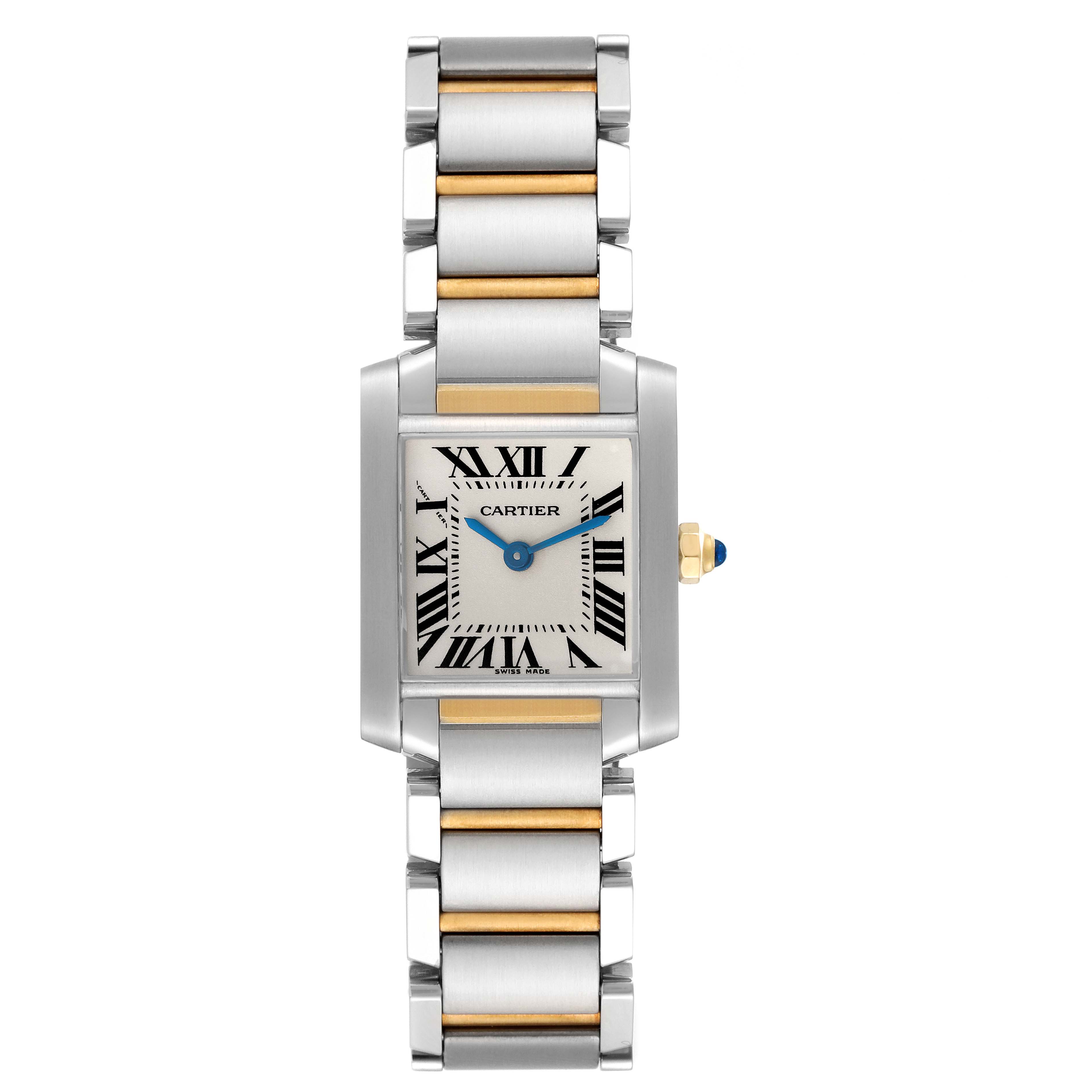 The image shows a frontal view of the Cartier Tank Francaise W51007Q4 Women
s Steel and Gold (two tone) Silver Dial W51007Q4 Women
s Steel and Gold (two tone) Silver Dial watch, highlighting the dial and bracelet.