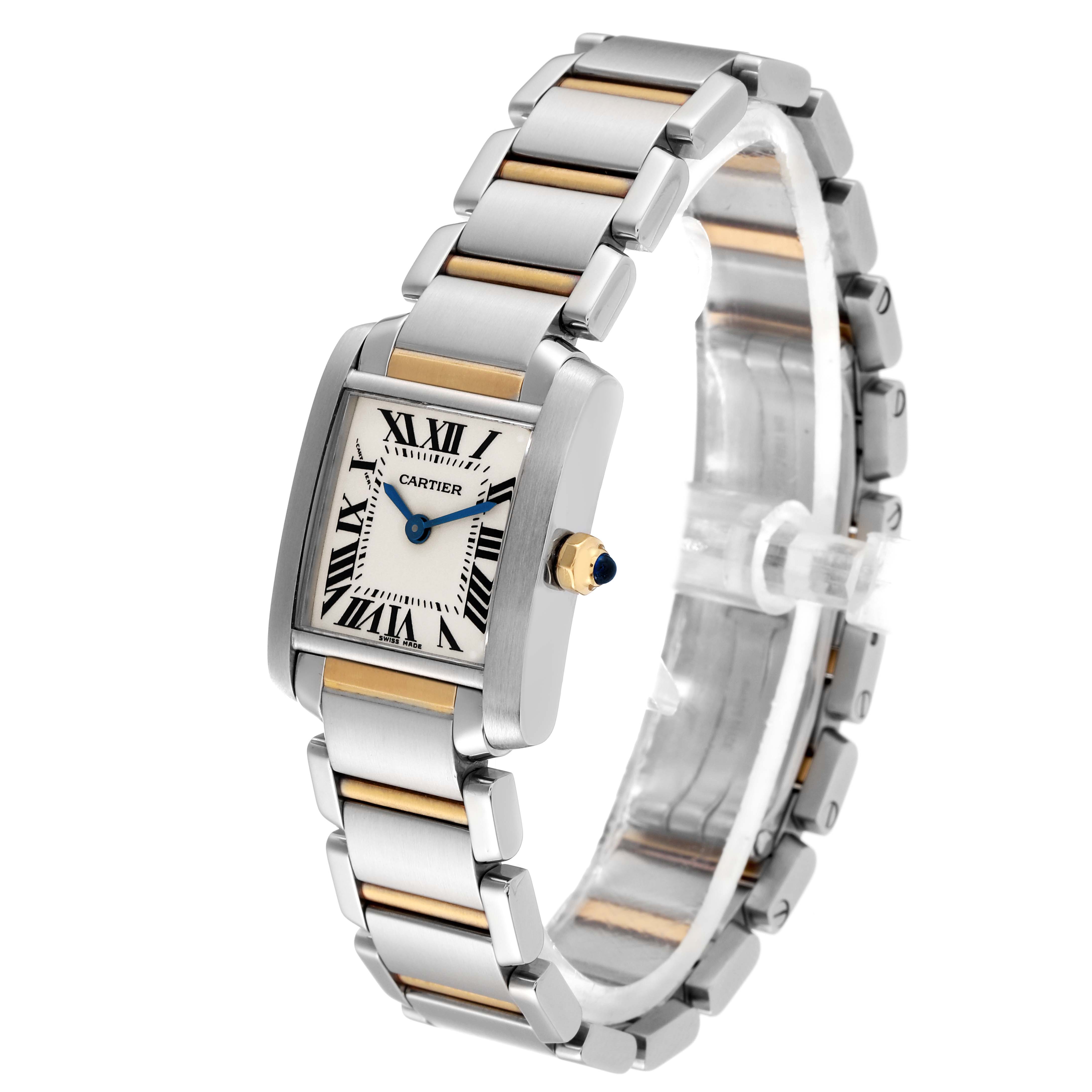 The image shows a Cartier Tank Francaise W51007Q4 Women
s Steel and Gold (two tone) Silver Dial W51007Q4 Women
s Steel and Gold (two tone) Silver Dial watch from an angled view, highlighting its rectangular face, Roman numerals, and metal bracelet.