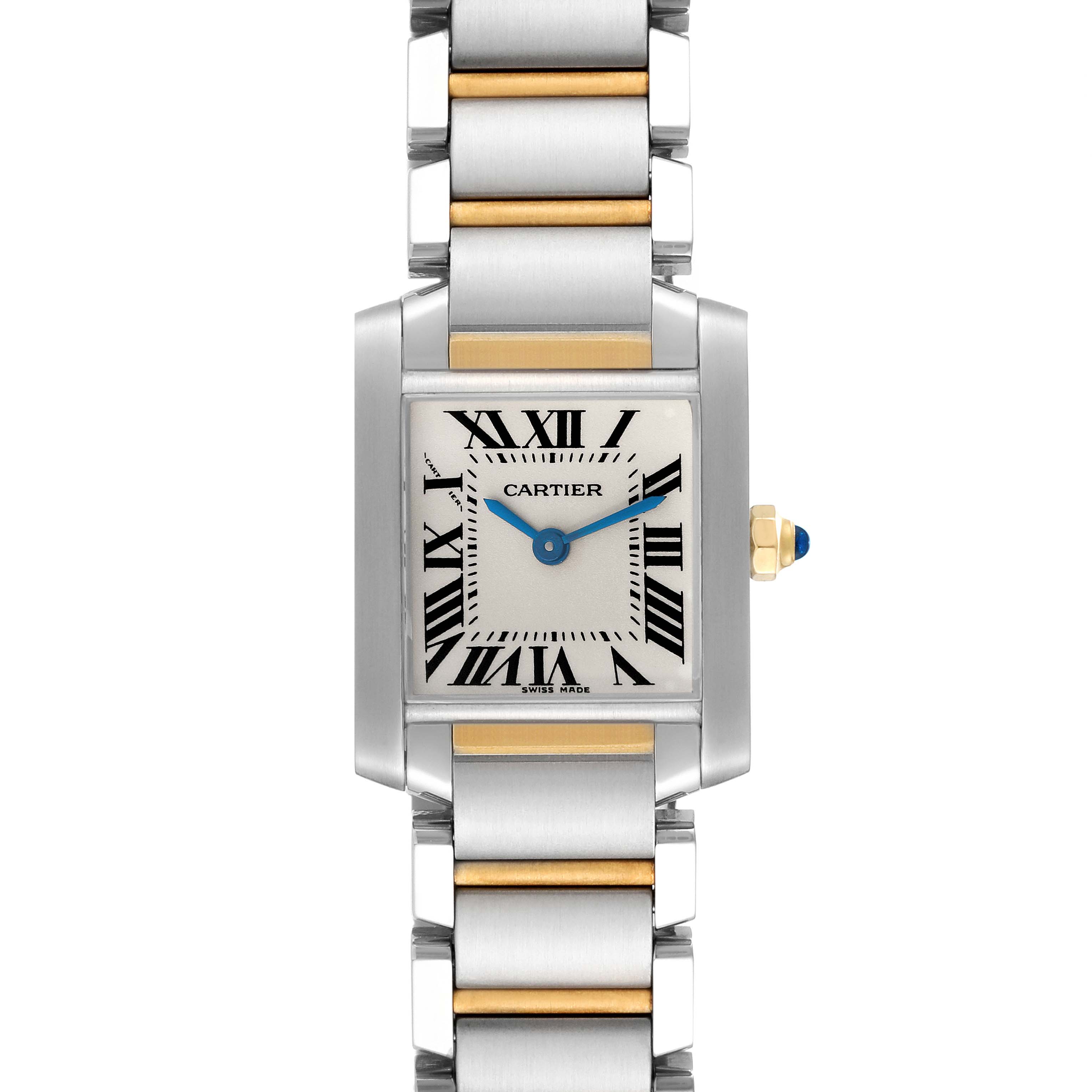 This image shows a front view of the Cartier Tank Francaise W51007Q4 Women
s Steel and Gold (two tone) Silver Dial W51007Q4 Women
s Steel and Gold (two tone) Silver Dial watch, displaying its face and two-tone metal bracelet.