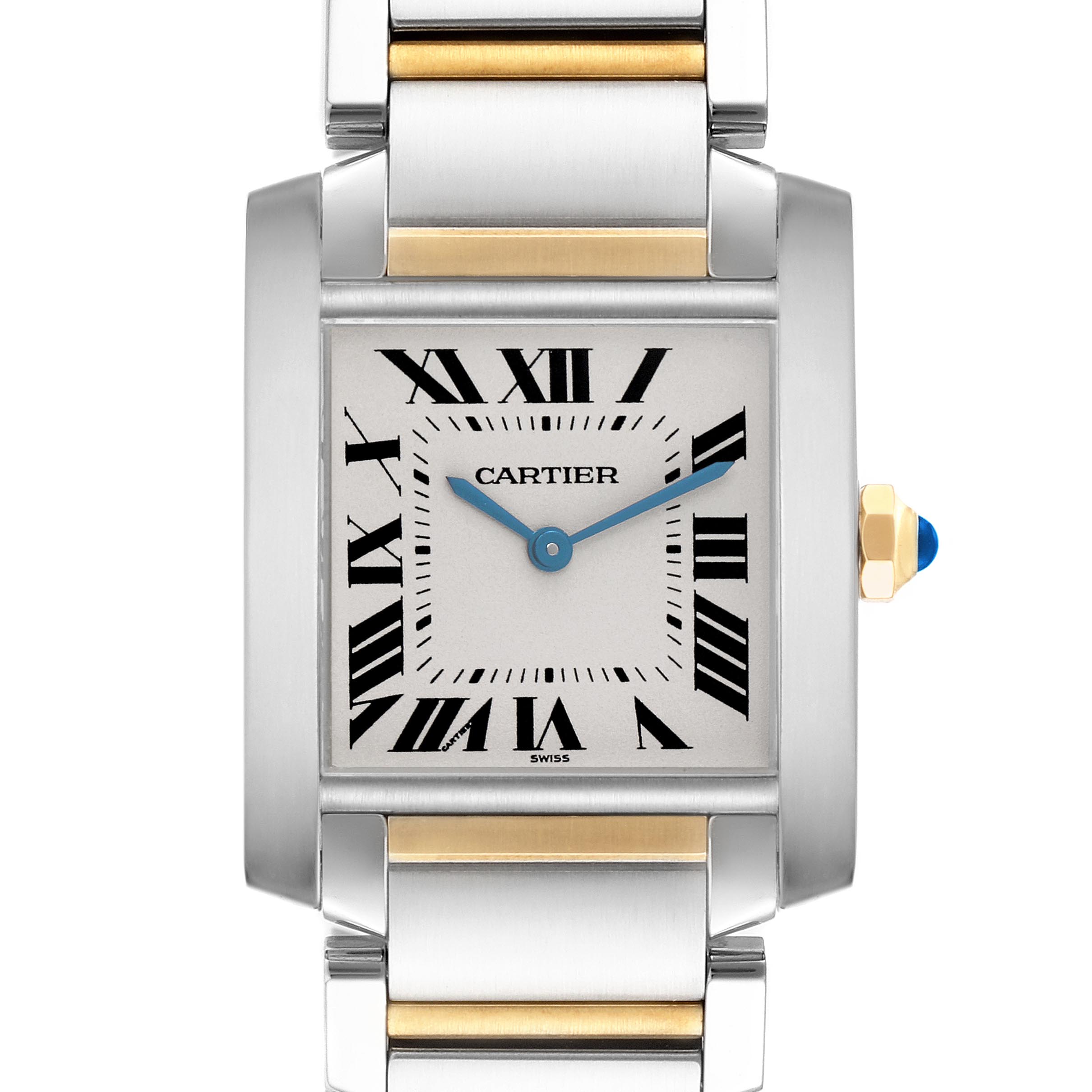 The Cartier Tank Francaise W51006Q4 Women's Steel and Gold (two tone) Silver Dial W51006Q4 Women's Steel and Gold (two tone) Silver Dial watch is shown front-on, displaying its face, Roman numerals, bracelet, and crown with a blue cabochon.