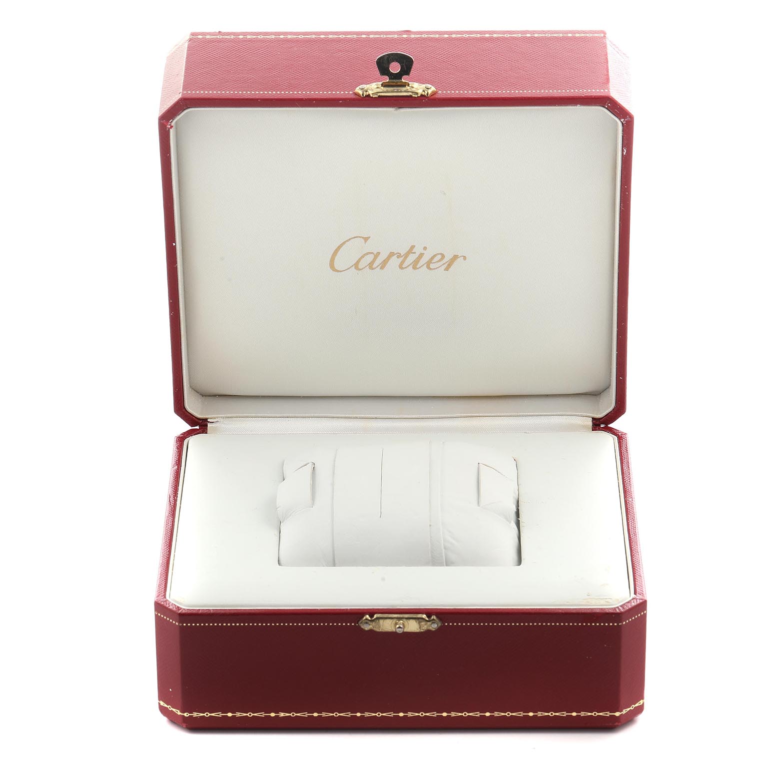 The image shows an open Cartier watch box for the Tank Francaise model, highlighting the interior and pillow.