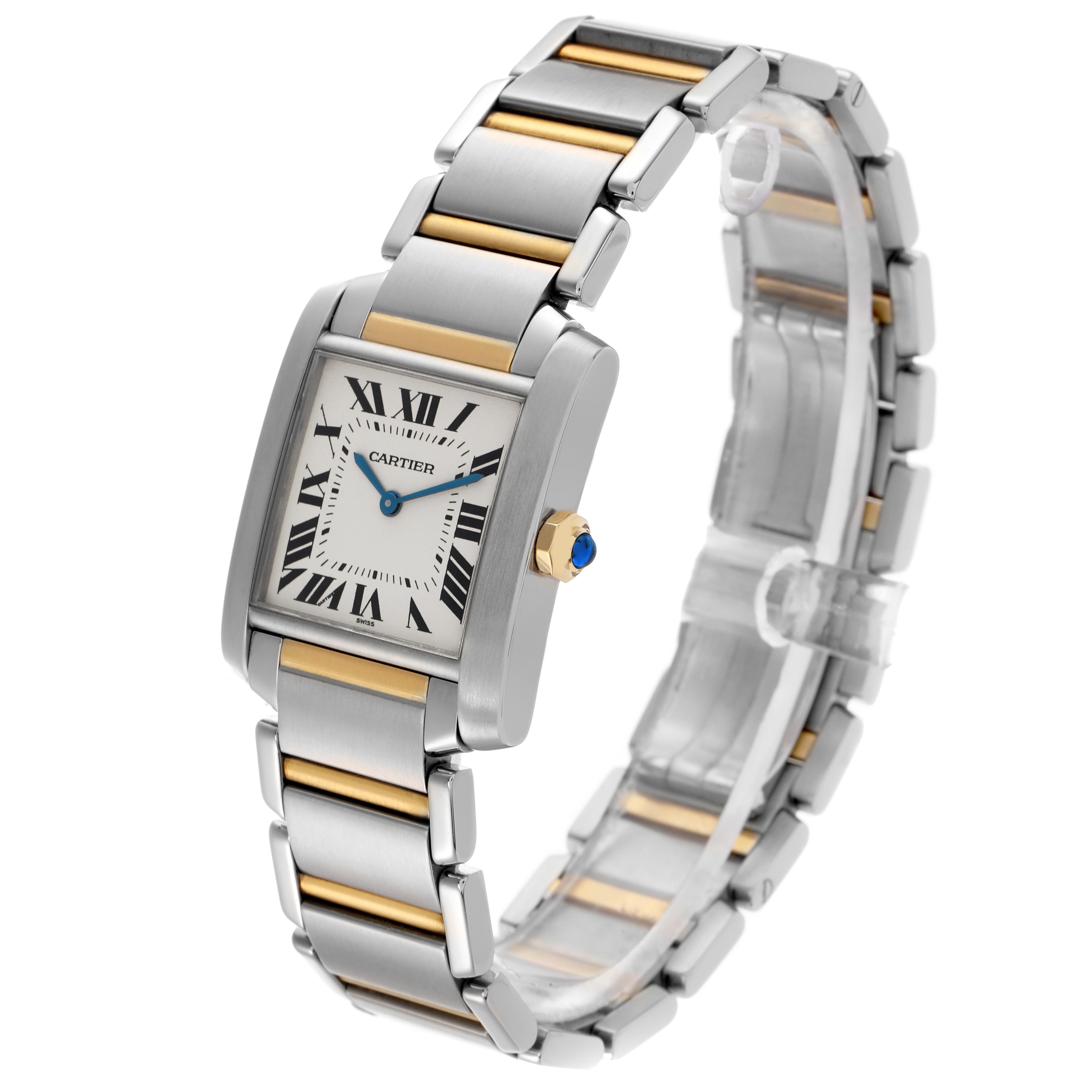The Cartier Tank Francaise W51006Q4 Women's Steel and Gold (two tone) Silver Dial W51006Q4 Women's Steel and Gold (two tone) Silver Dial watch is shown at a three-quarter angle, highlighting its rectangular face and metal bracelet.