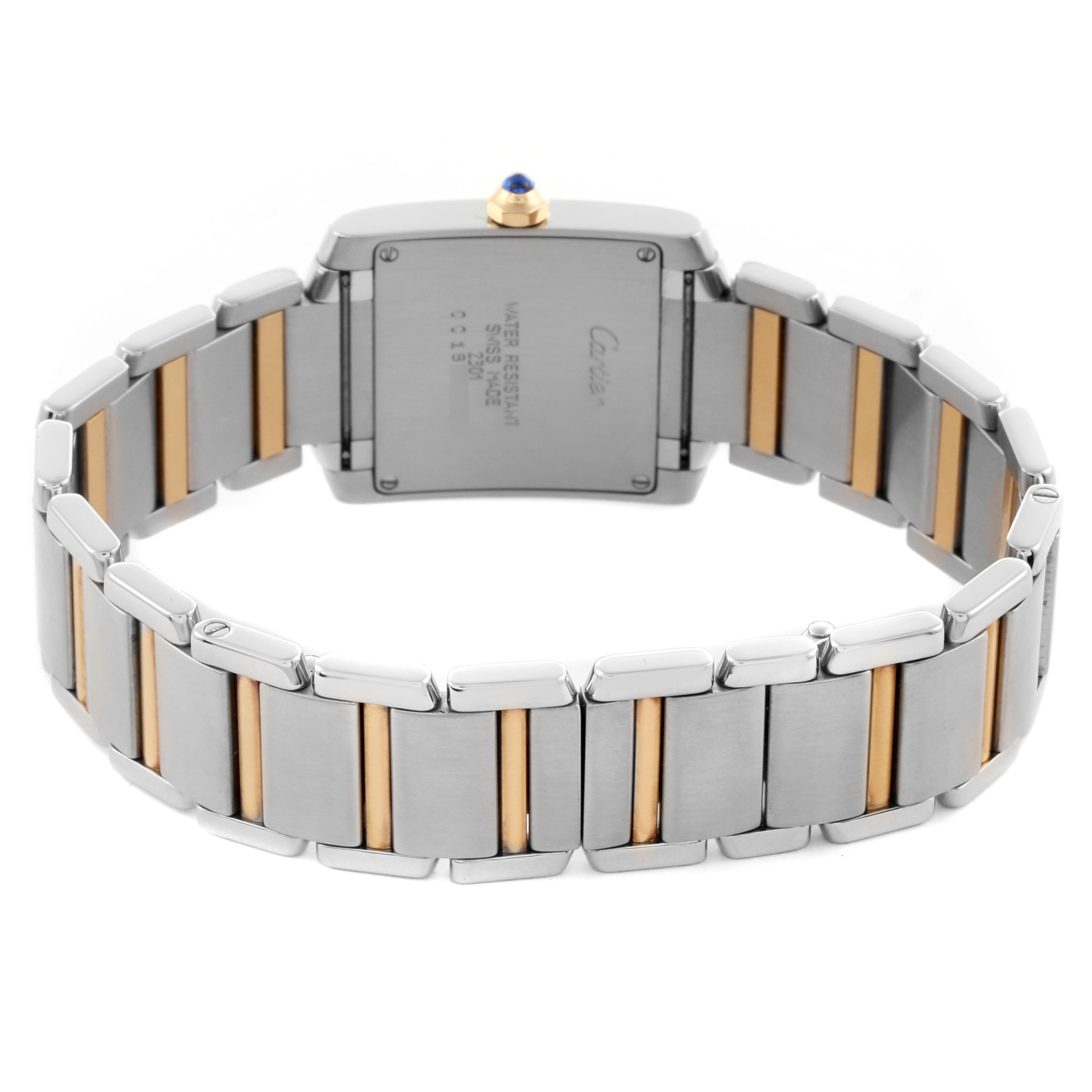 The Cartier Tank Francaise W51006Q4 Women's Steel and Gold (two tone) Silver Dial W51006Q4 Women's Steel and Gold (two tone) Silver Dial watch is shown from the back, highlighting its case and two-tone metal bracelet.