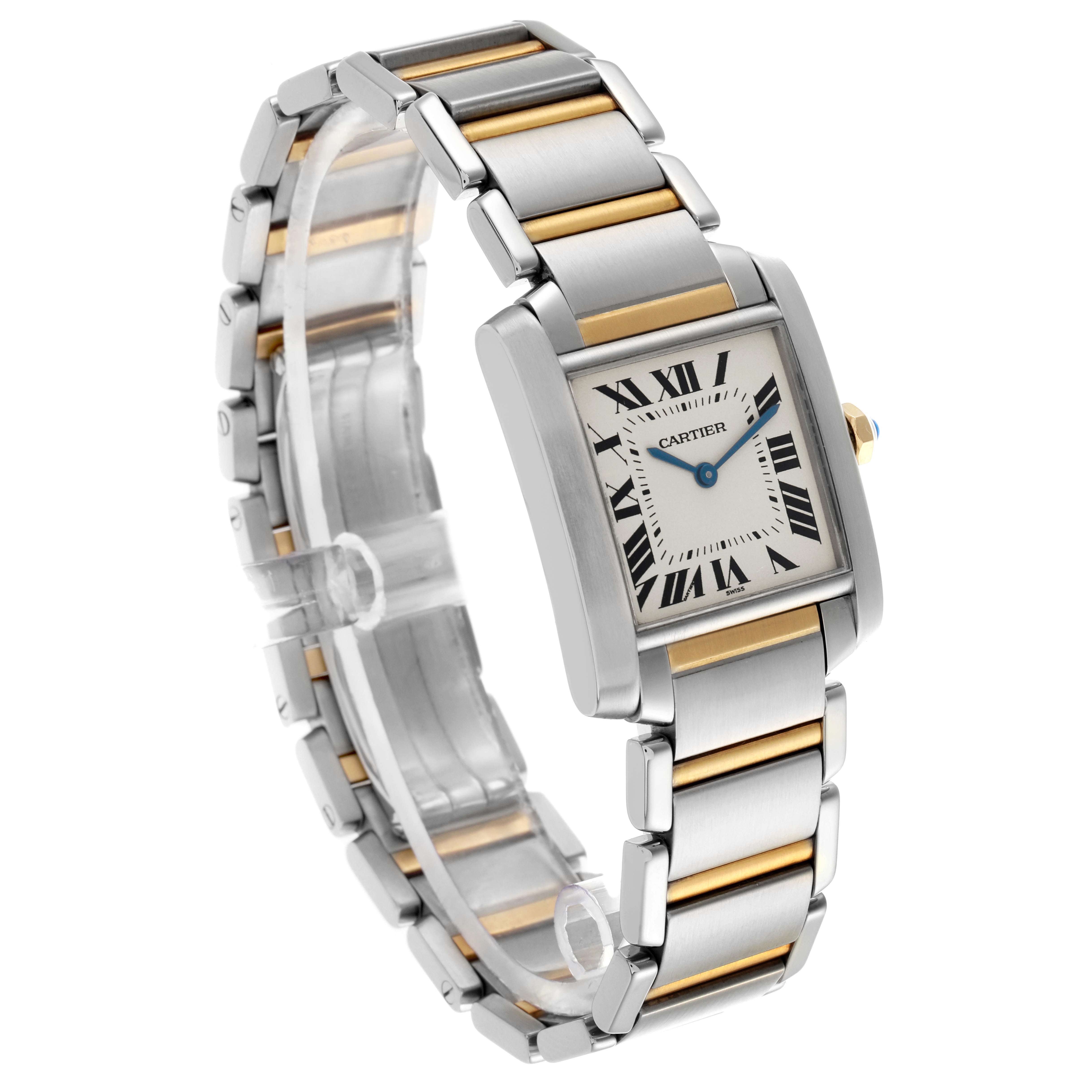 The Cartier Tank Francaise W51006Q4 Women's Steel and Gold (two tone) Silver Dial W51006Q4 Women's Steel and Gold (two tone) Silver Dial watch is shown at a three-quarter angle highlighting its face, bracelet, and metal detailing.