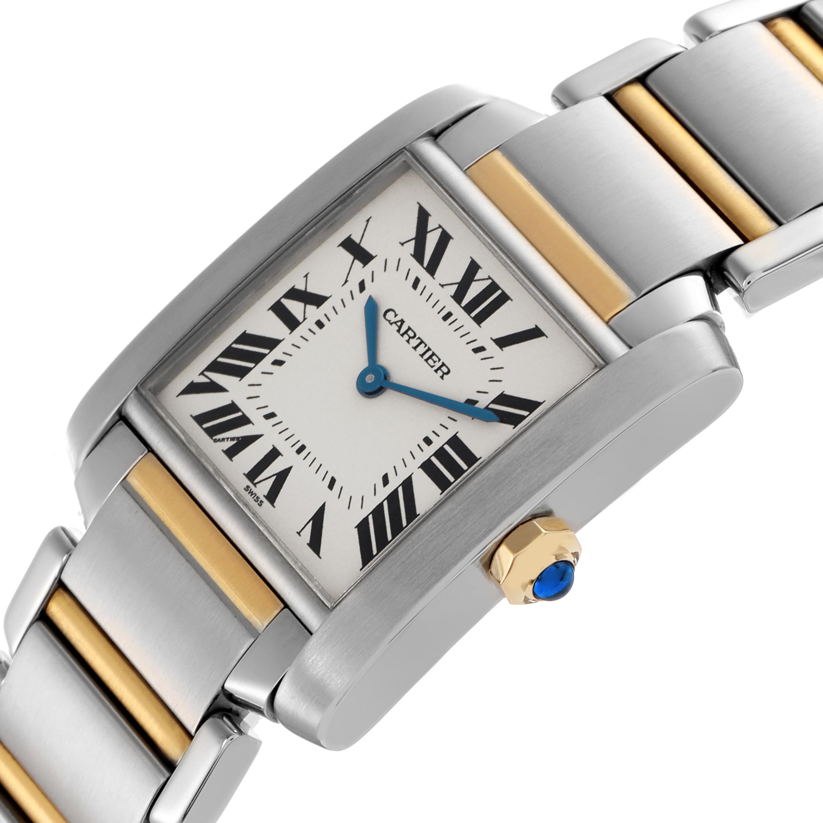 The Cartier Tank Francaise W51006Q4 Women's Steel and Gold (two tone) Silver Dial W51006Q4 Women's Steel and Gold (two tone) Silver Dial watch is shown at an angle highlighting the face, Roman numerals, and metal bracelet with gold accents.