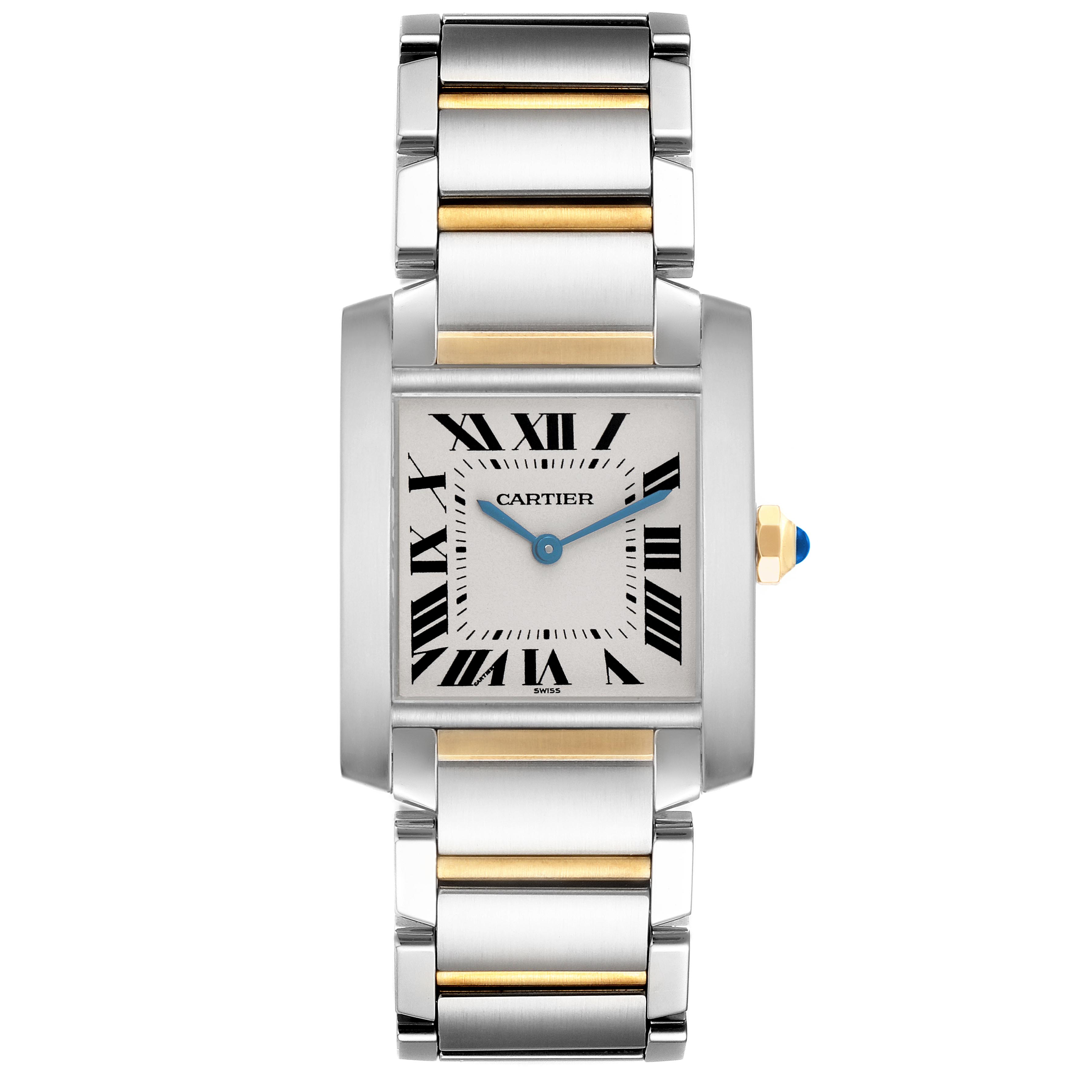 The Cartier Tank Française watch is shown from the front, highlighting its dial, bracelet, and crown.