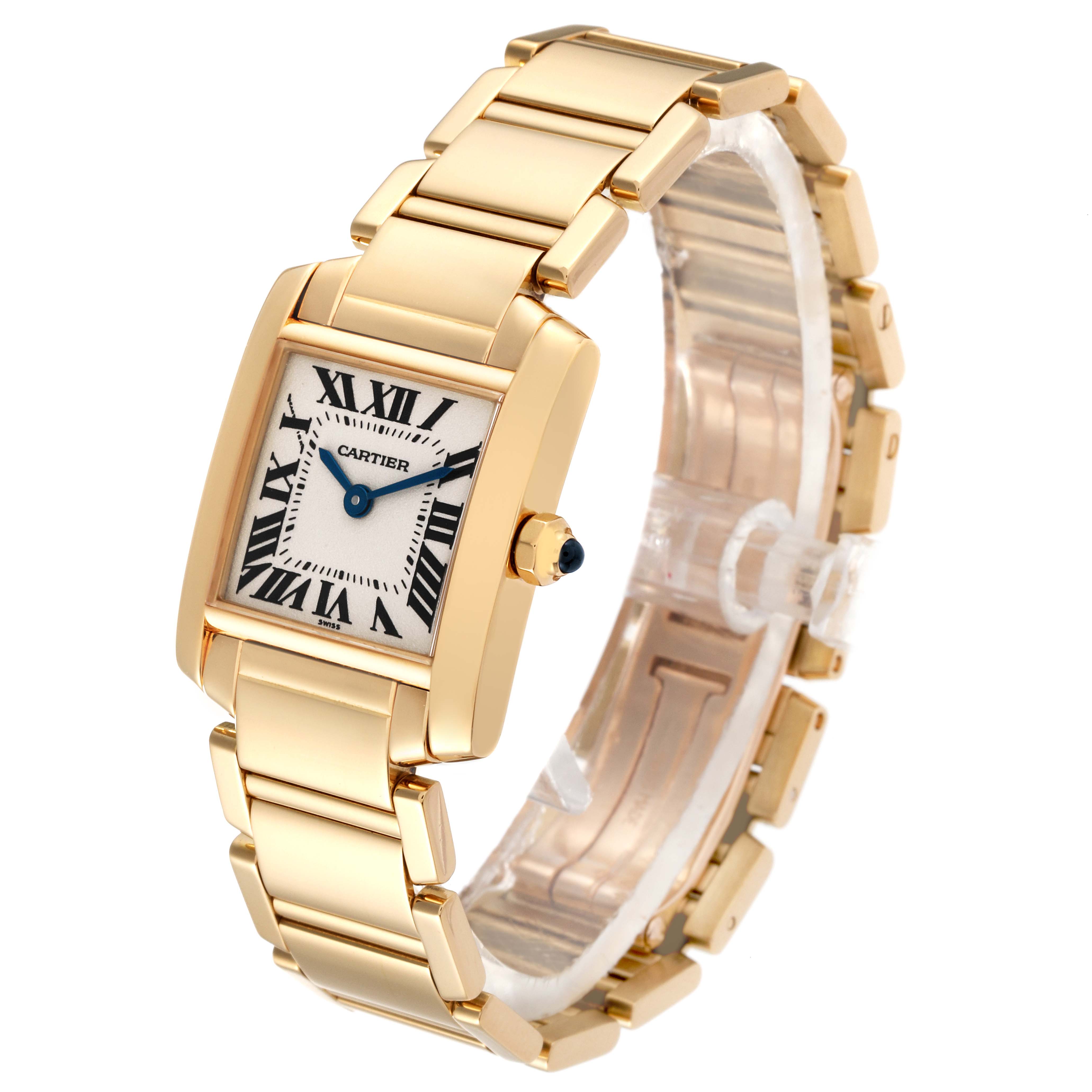 The image shows a Cartier Tank Francaise W50002N2 Women's Yellow Gold Silver Dial W50002N2 Women's Yellow Gold Silver Dial watch at a three-quarter angle, highlighting its gold bracelet, rectangular dial, and crown.