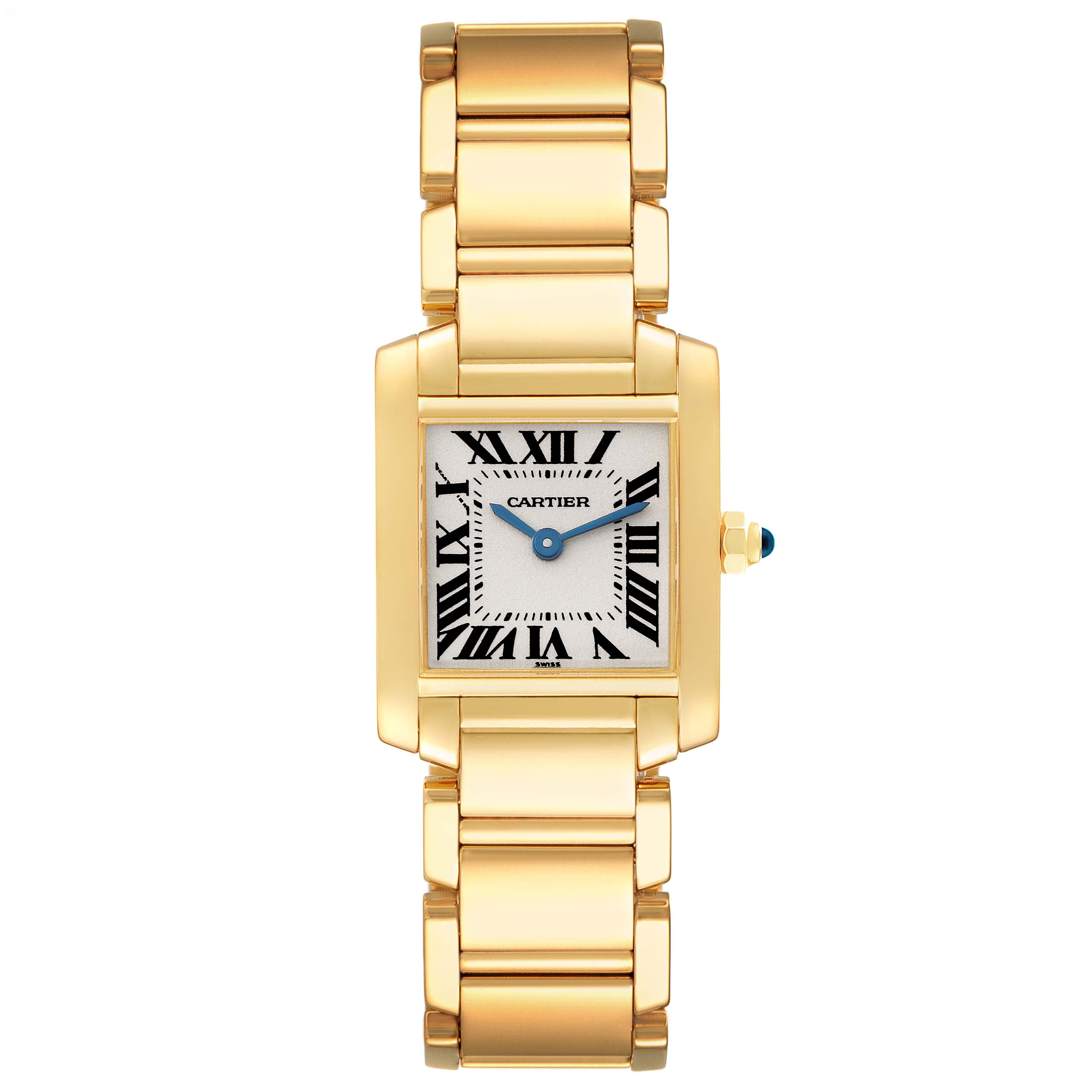 The image shows a front view of the Cartier Tank Francaise W50002N2 Women's Yellow Gold Silver Dial W50002N2 Women's Yellow Gold Silver Dial with a gold rectangular case and bracelet.