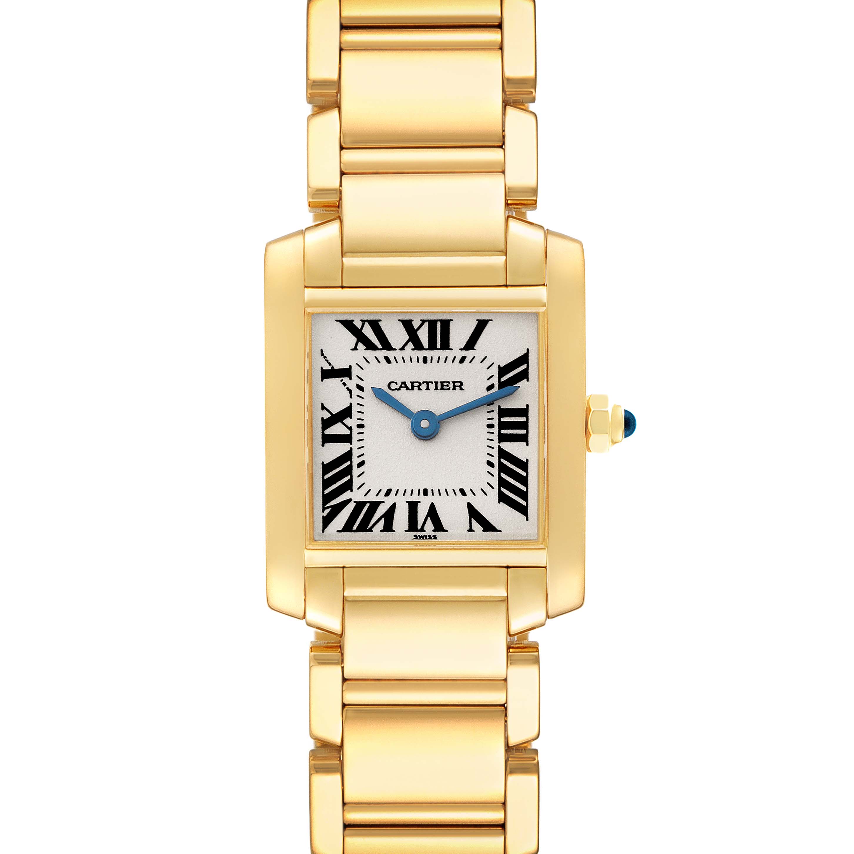 This image shows a front view of the Cartier Tank Francaise W50002N2 Women's Yellow Gold Silver Dial W50002N2 Women's Yellow Gold Silver Dial watch, highlighting its gold bracelet and square face with Roman numerals.